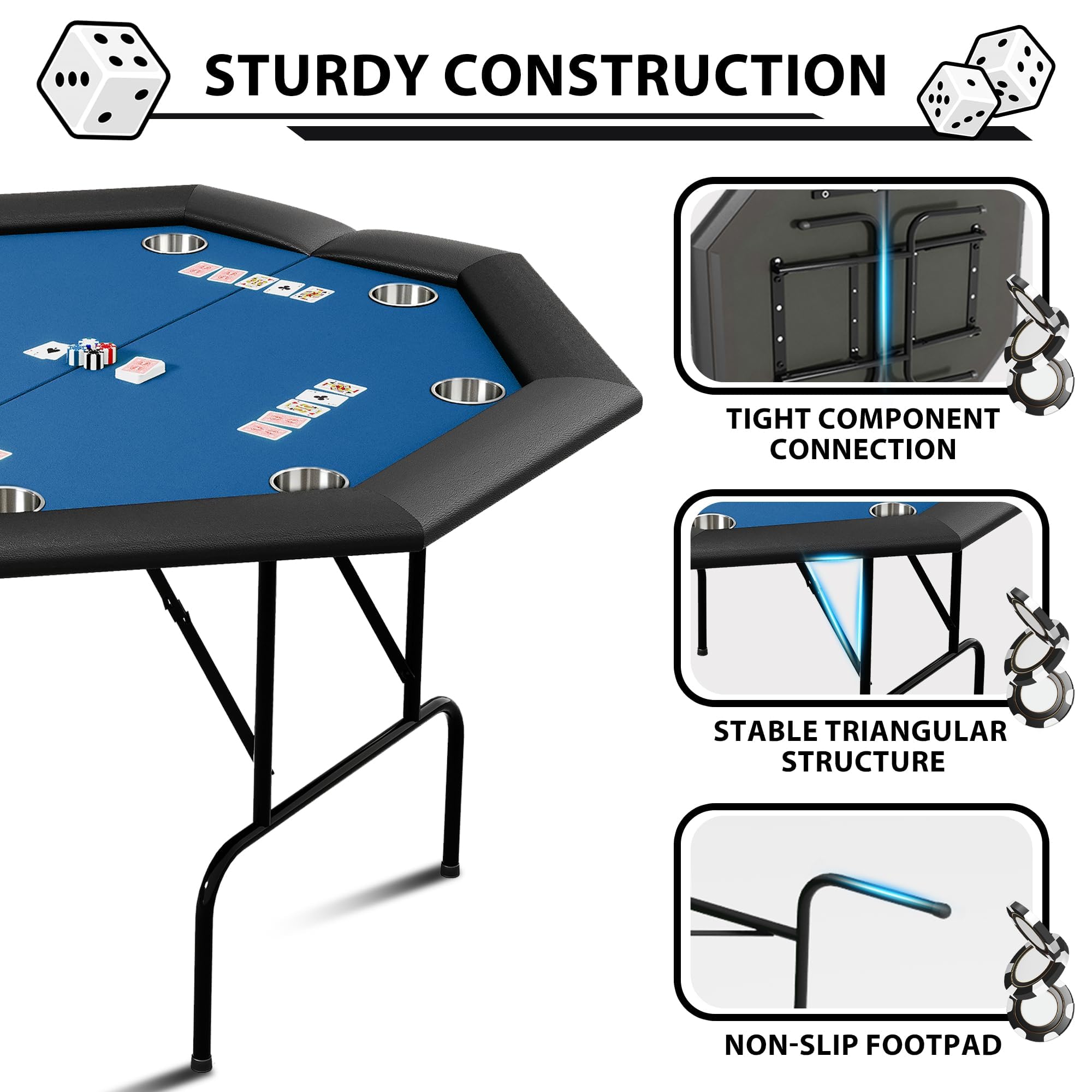 Table De Poker Pliable 120 cm Pour 8 Joueurs, Table De Casino Octogonale Pour Blackjack Et Texas Holdem, Avec Rails Rembourrés Confortables Et 8 Porte-Gobelets Intégrés, Idéale Pour Soirées Jeux, Mais