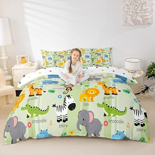 Miniatura 4 de Erosebridal Funda de edredón para niños y niñas, diseño de animales de la selva, diseño de elefante, hipopótamo, cocodrilo, jirafa, mono, para niños