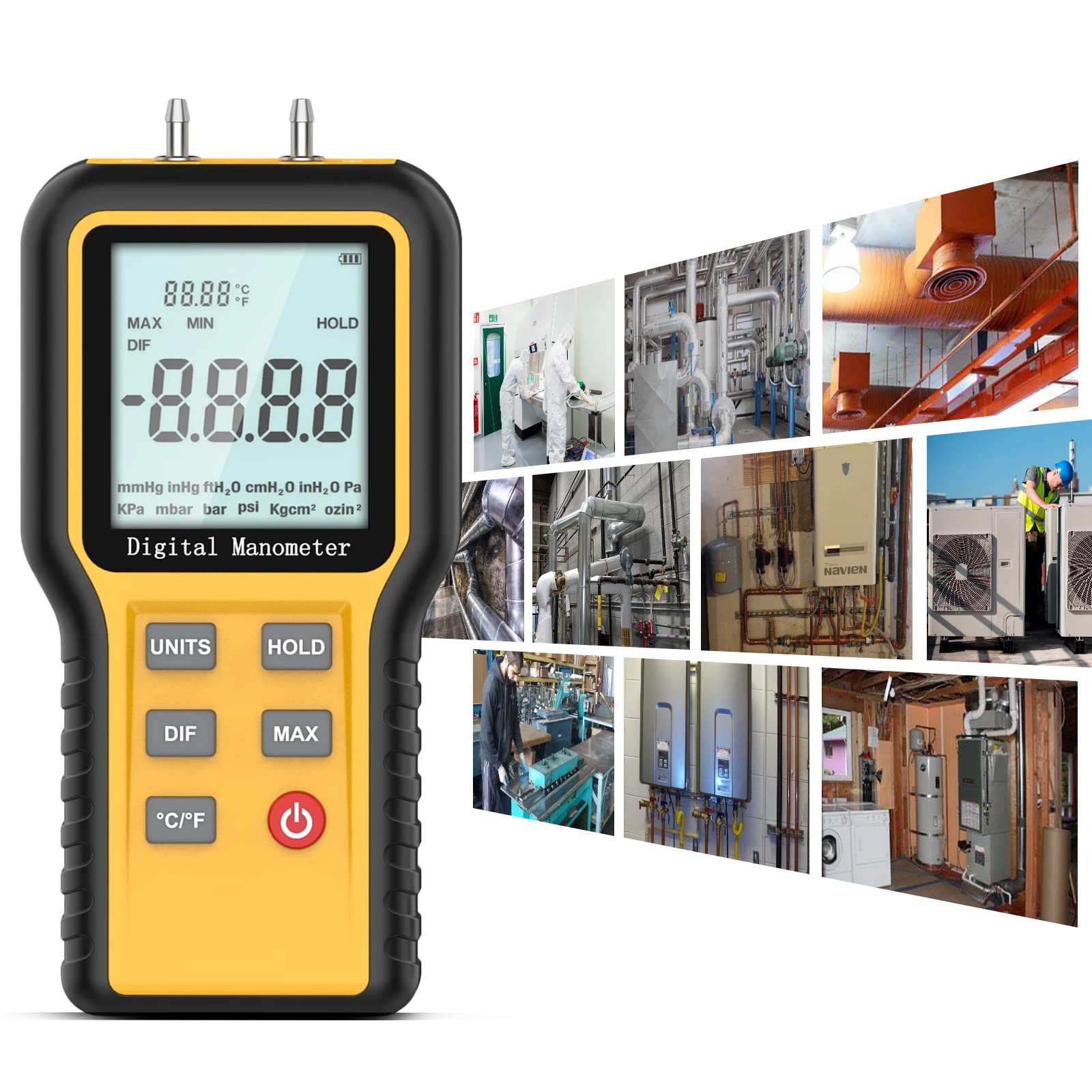 BTMETER Manómetro Medidor de presión de aire de gas, manómetro de doble puerto Manómetro diferencial de presión, para horno de gas HVAC, manómetro digital con retroiluminación 12 unidades de medida