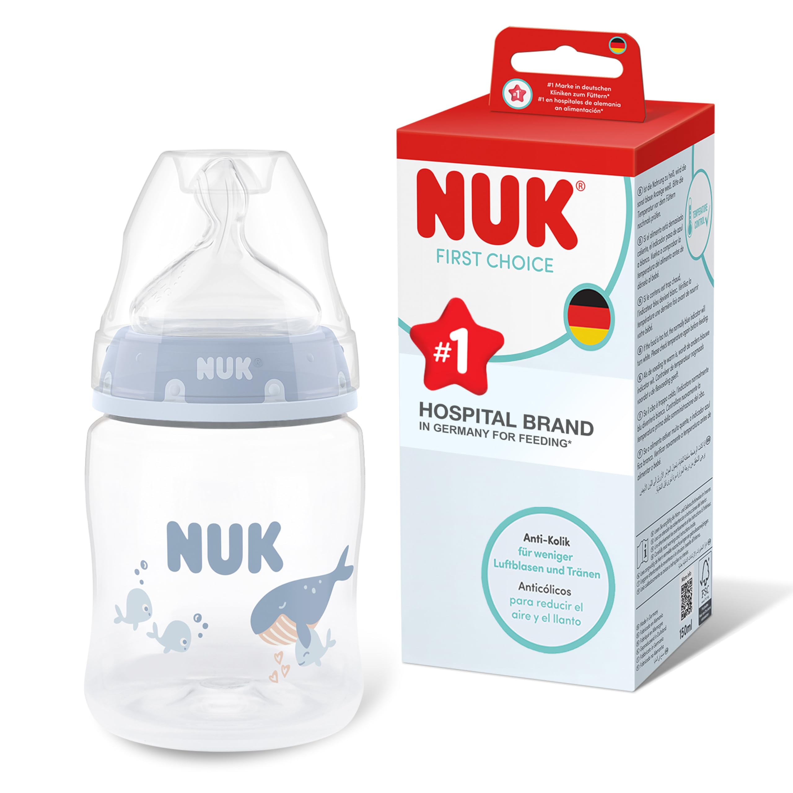 NUK First Choice Baby Bottle | 0+ Months | 150ml | Anti Colic Feeding Bottle | PP | Temperature Control Indicator | Whale | 1 Count