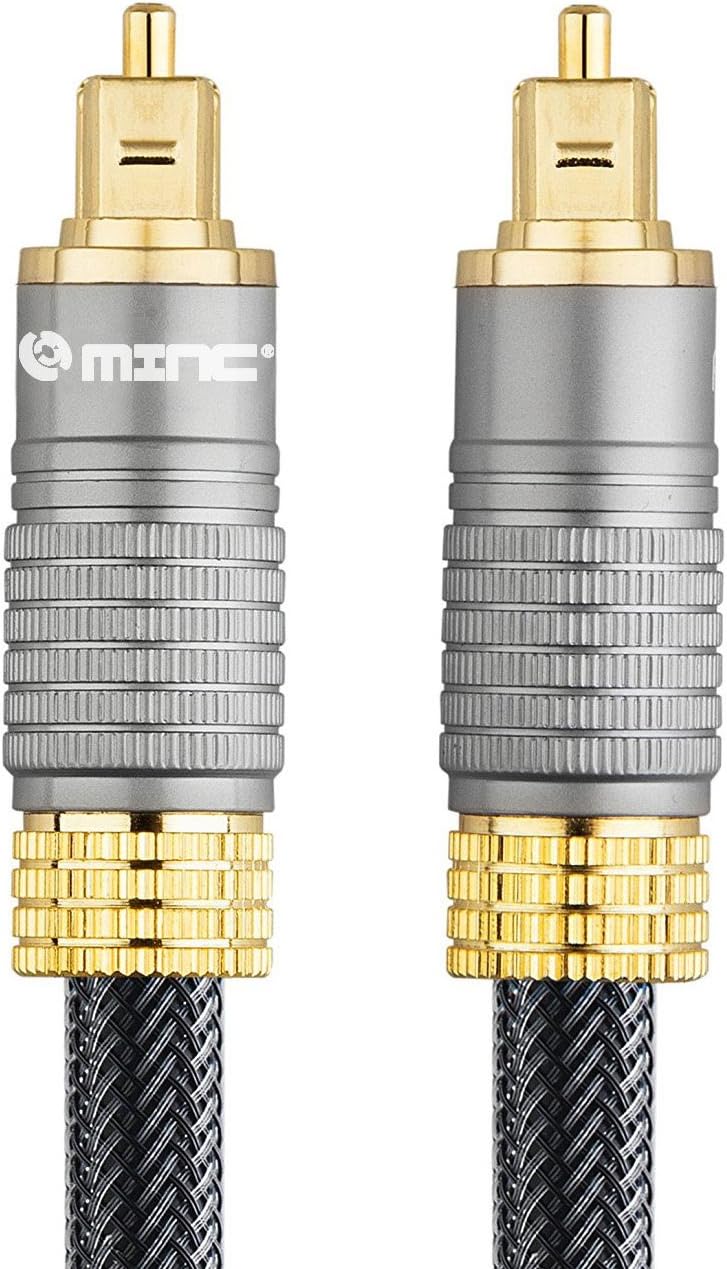 MINC Optical Digital Audio Cable 6.5 Feet - CL3 Rated.Home Theatre Fiber Optic Toslink JIS F05 Male to Male Gold Plated Metal Connectors.