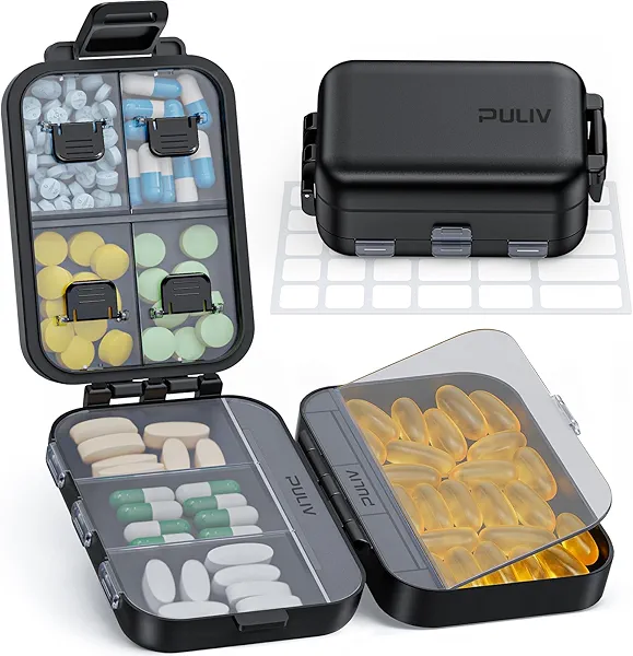 PULIV Travel Pill Organizer with 3 Layers for Compact and Large Storage, Easy-to-Open Daily Pill Box Case, Portable Medication Organizer with 8 Compartments for Supplements, Vitamins, Fish Oils