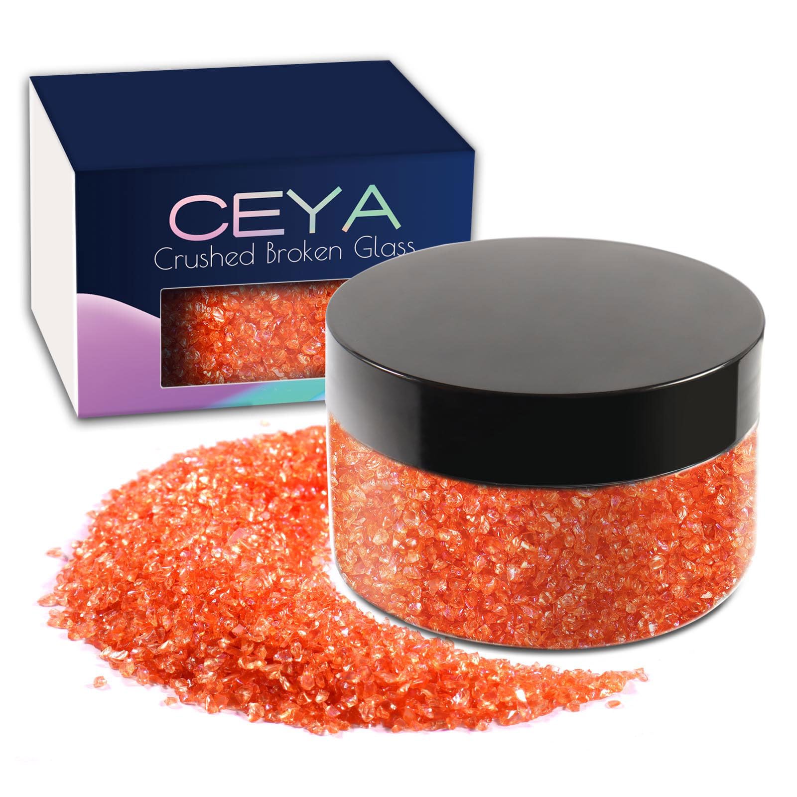 Ceya 5.3oz/ 150g Crushed Irregular Glass Pumpkin Orange Metallic Crystal Chip Broken Glass Chips Glitter 2-4mm Craft Chunky Glitter for Nails Art Epoxy Resin Mold Coasters Ornament Painting Geode