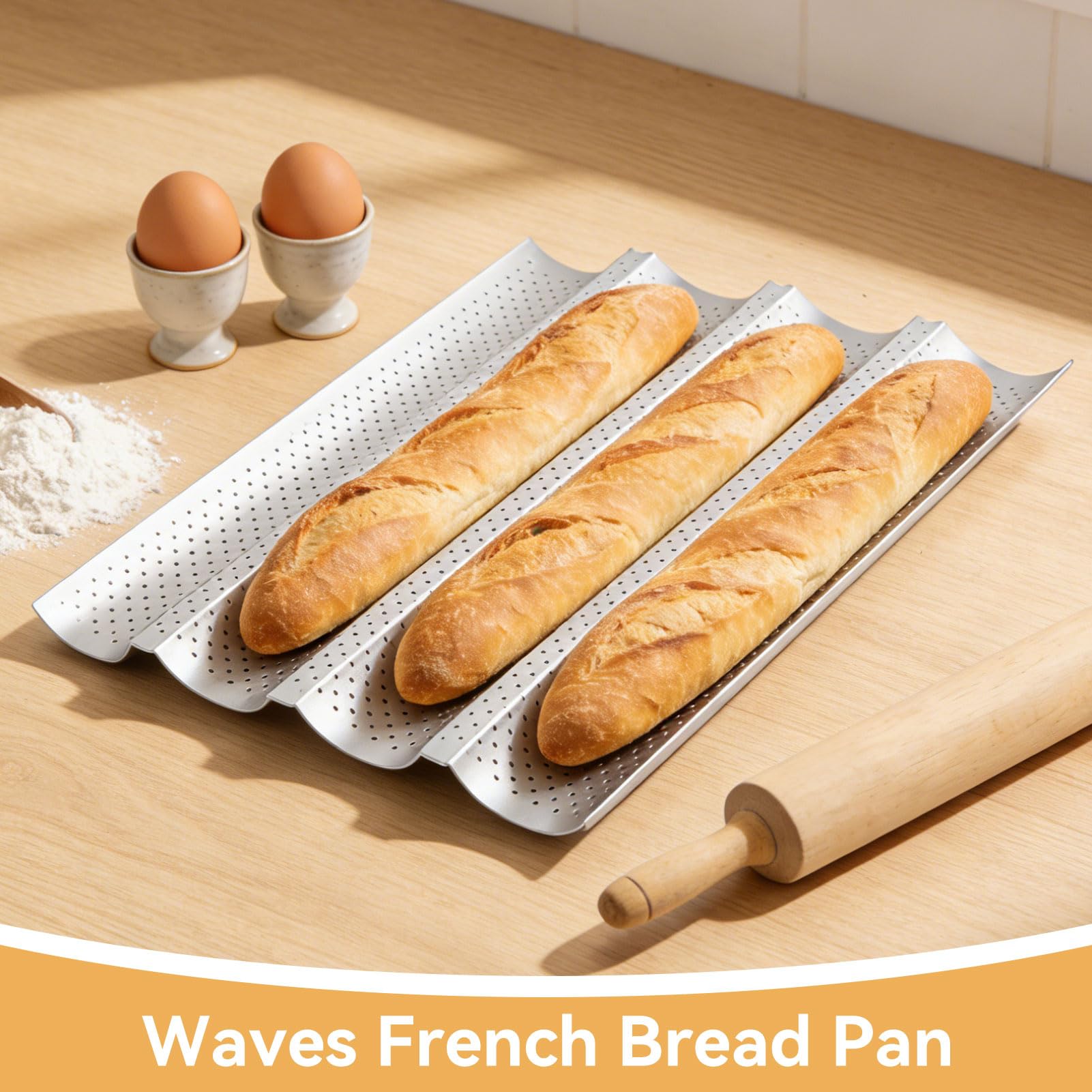 HERCHR Teglie forate per baguette, teglia in acciaio inossidabile per baguette francesi Pane Pane italiano Accessori da cucina(4-ROW)