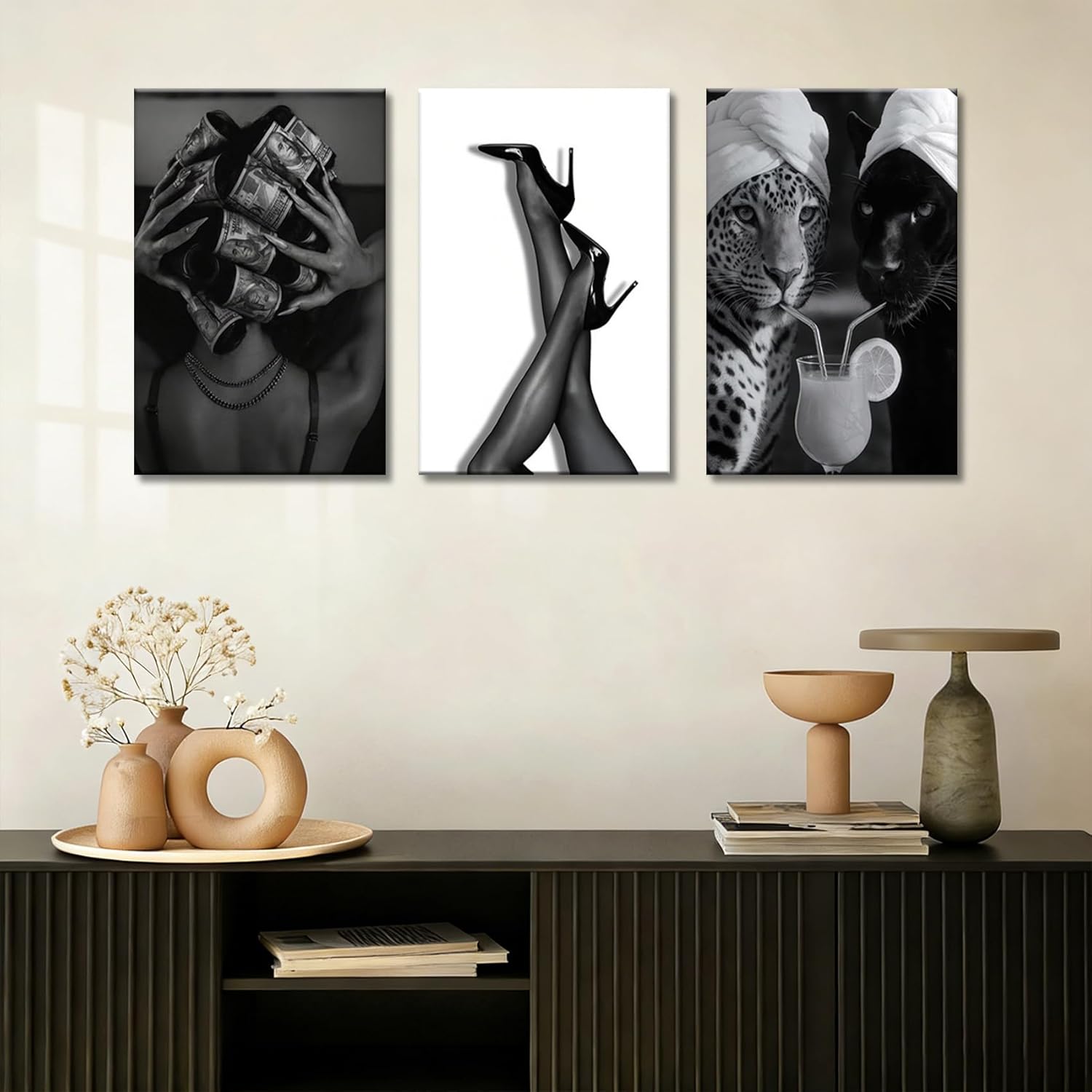 3Pcs Black White Trendy Leopard Canvas Wall Art Glam Black Woman Wall Decor Bathroom Cheetah Heels Posters Pictures Fashion Preppy Luxury Aesthetic Prints Funky Artwork Cocktail Painting Framed