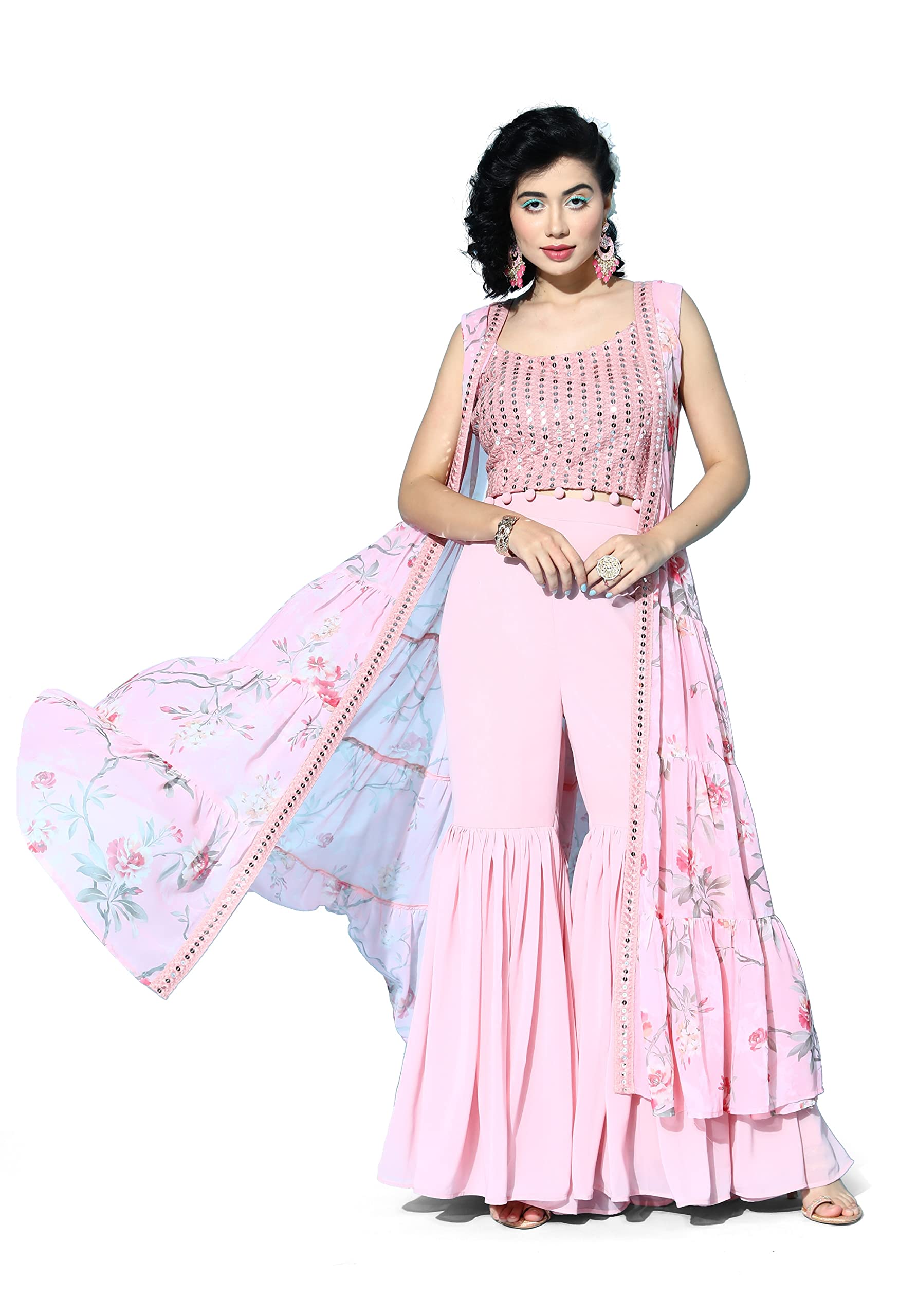 Georgette Sequence Embroidered Top with Flared Pleated Skirt Palazzo Strug Fusion Set