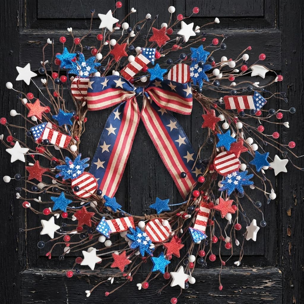 22 Inch Patriotic Glitter Star Pineapple Rocket Wreath for Front Door, Forth of July Red White Blue Wreath with Bow for Indoor Outdoor, Memorial Day Independence Day Home Decor Wreaths