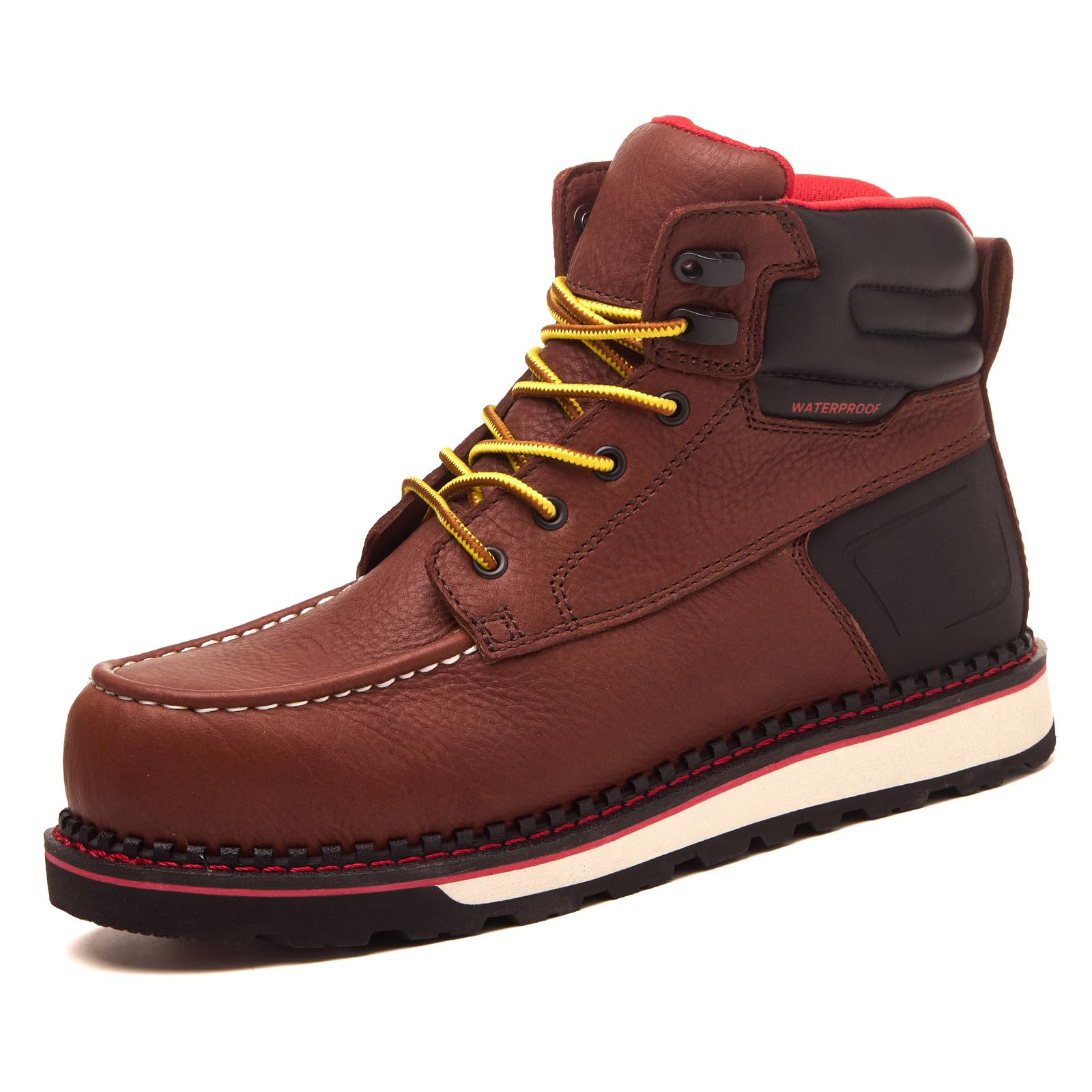 MWORK Welted Blunt Men's 6" Moc Toe Waterproof Work Boots, Comp Toe, Puncture Proof, Slip Resistant Wedge Sole, Coolmax Comfort Leather Safety Boot,