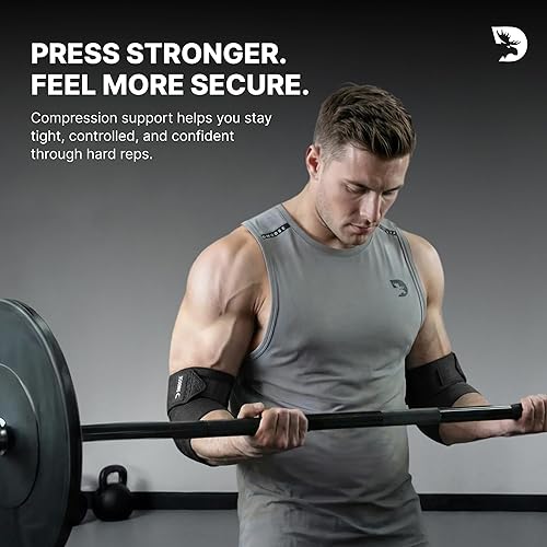 Vista 3 de DMoose Fitness - Coderas de codo para levantamiento de pesas (par) - Correa de codo ajustable de 40'' para entrenamiento en el gimnasio y prensa