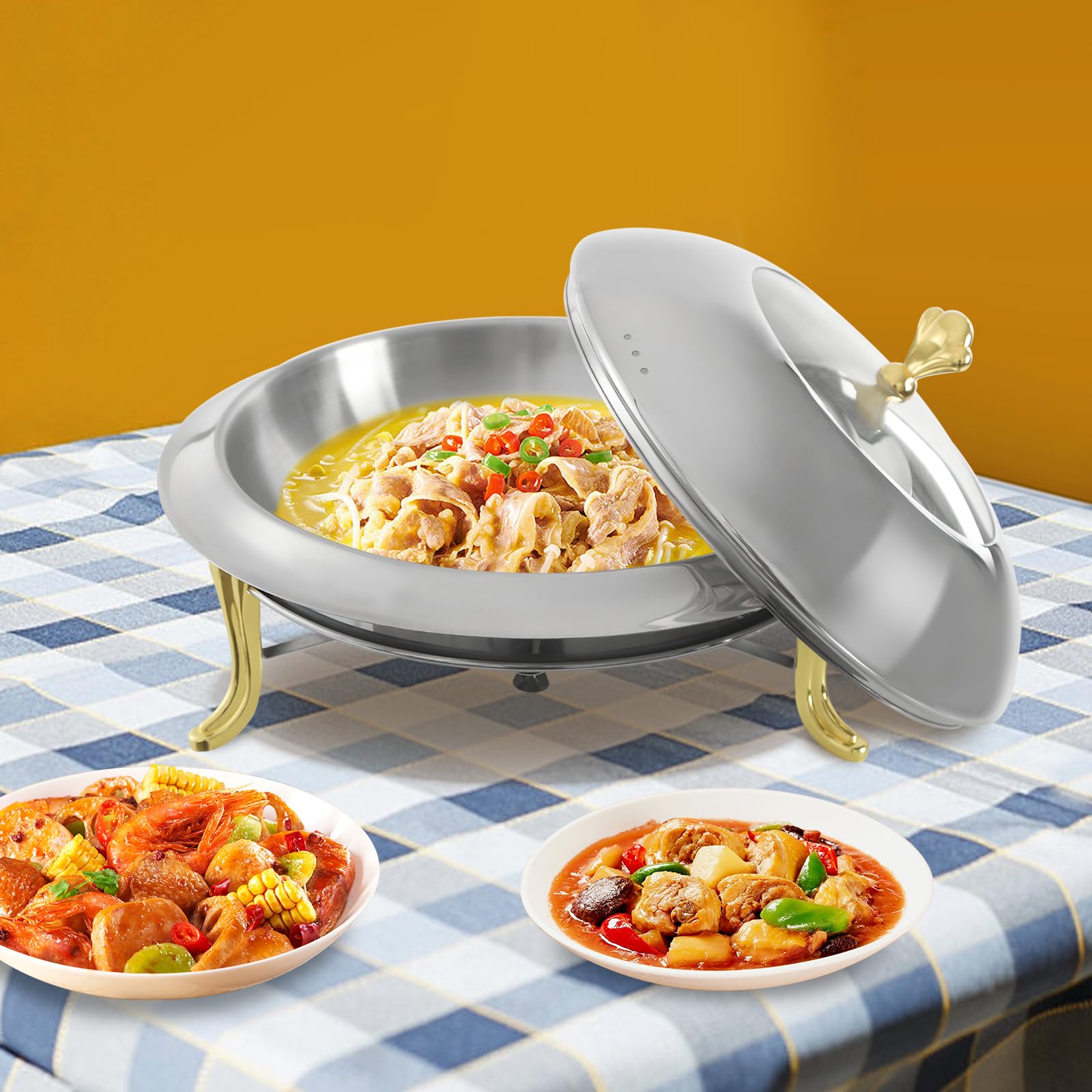 Set da 3 litri rotondo Chafing Dish Buffet in acciaio inox con coperchio in vetro, fuoco regolabile, Chafing Dish Buffet, scalda buffet, scrivania per alimenti caldi