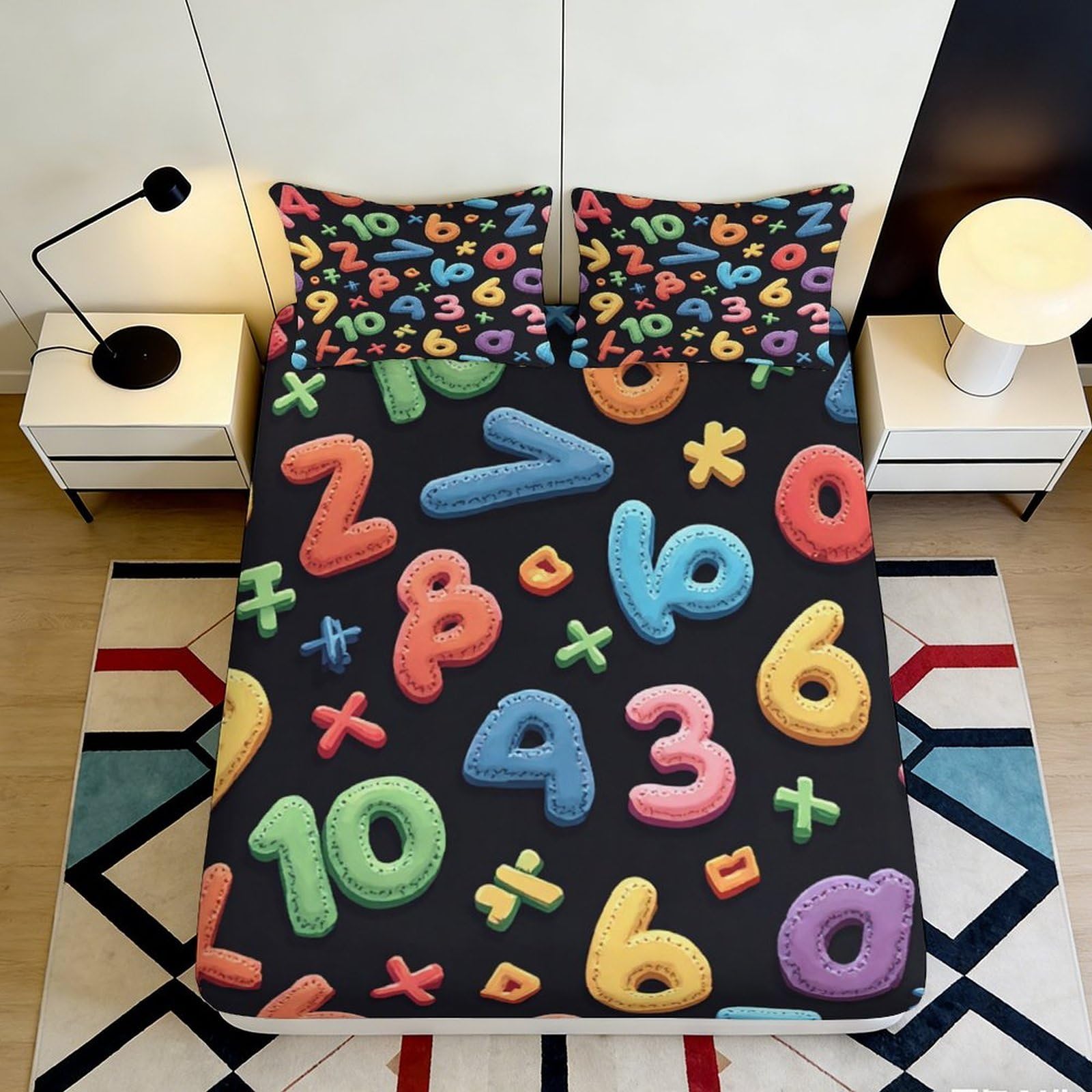 Dhbaneiok Style-4 3D Printed Colorful Numbers Fitted Sheet Microfiber Soft Anti-Slip Math Symbols Bed Cover For Bedroom Dorm Decor 90X200x25cm