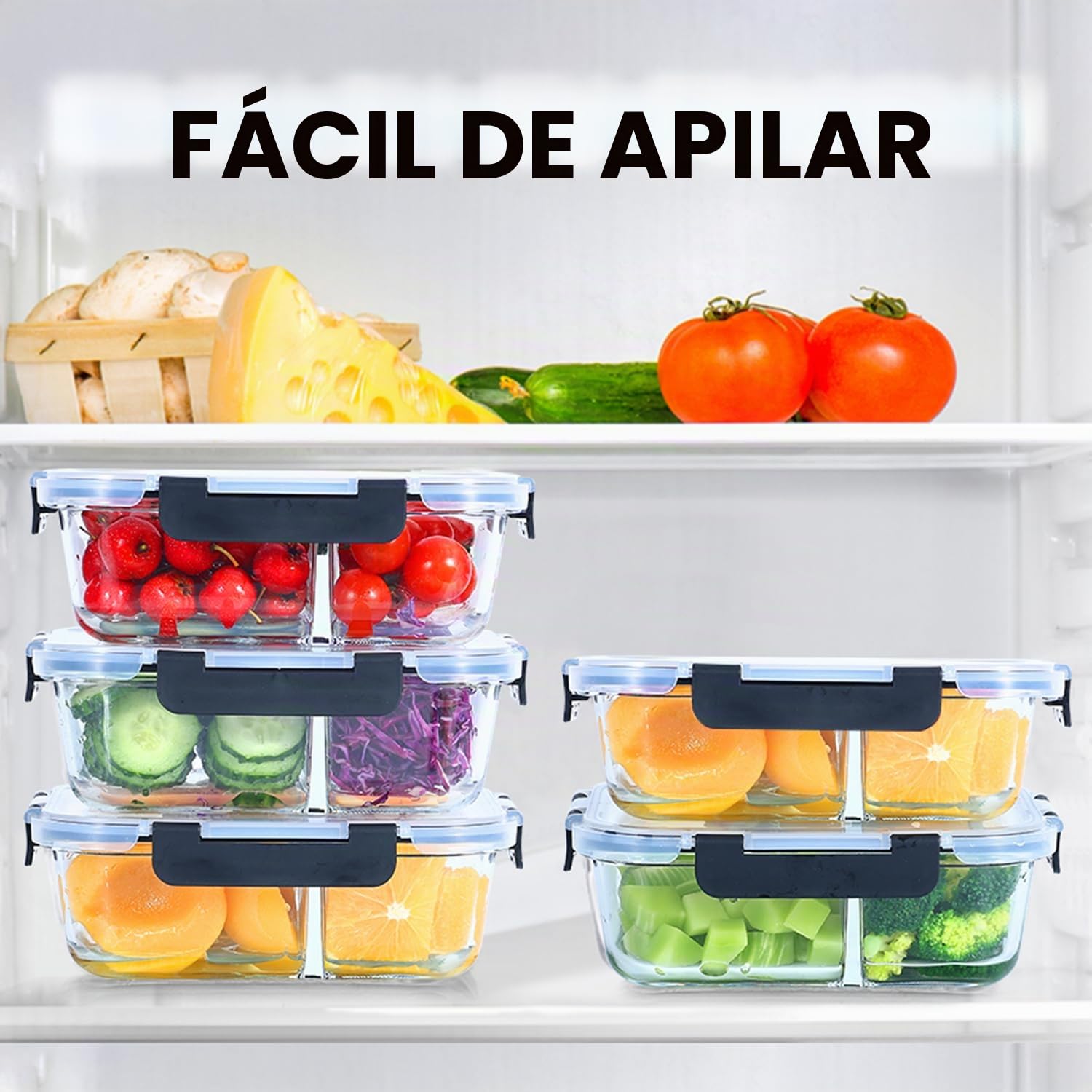 Meal Prep - Juego de 3 cajas de almacenaje (1, 2 y 3 compartimentos (1040 ml) para control de porciones, hermético, seguridad en horno y congelador