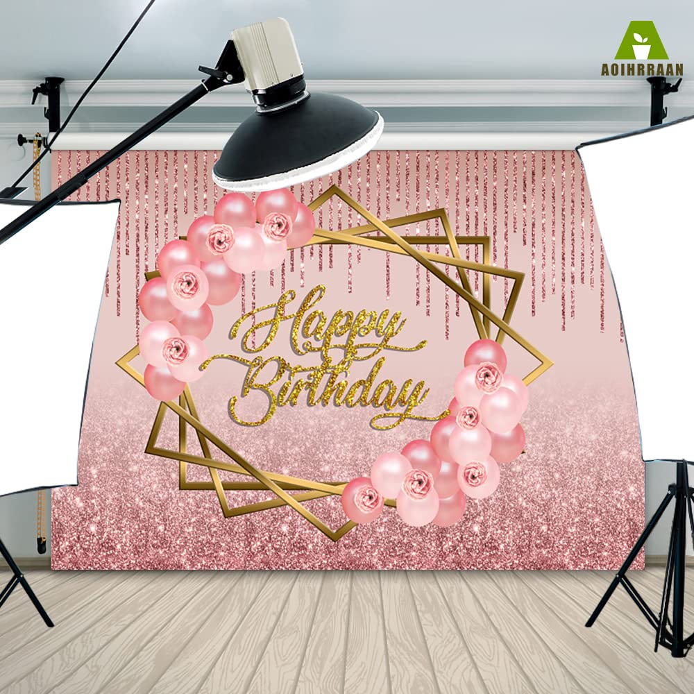 Aoihrraan 3,5x2,5m Rose Gold Geburtstag Hintergrund Funkeln Rosa Golden Punkte Luftballons Fotografie Süss Prinzessin Mädchen Geburtstag Party Kuchen Smash Kinder Porträt Fotostudio Requisiten