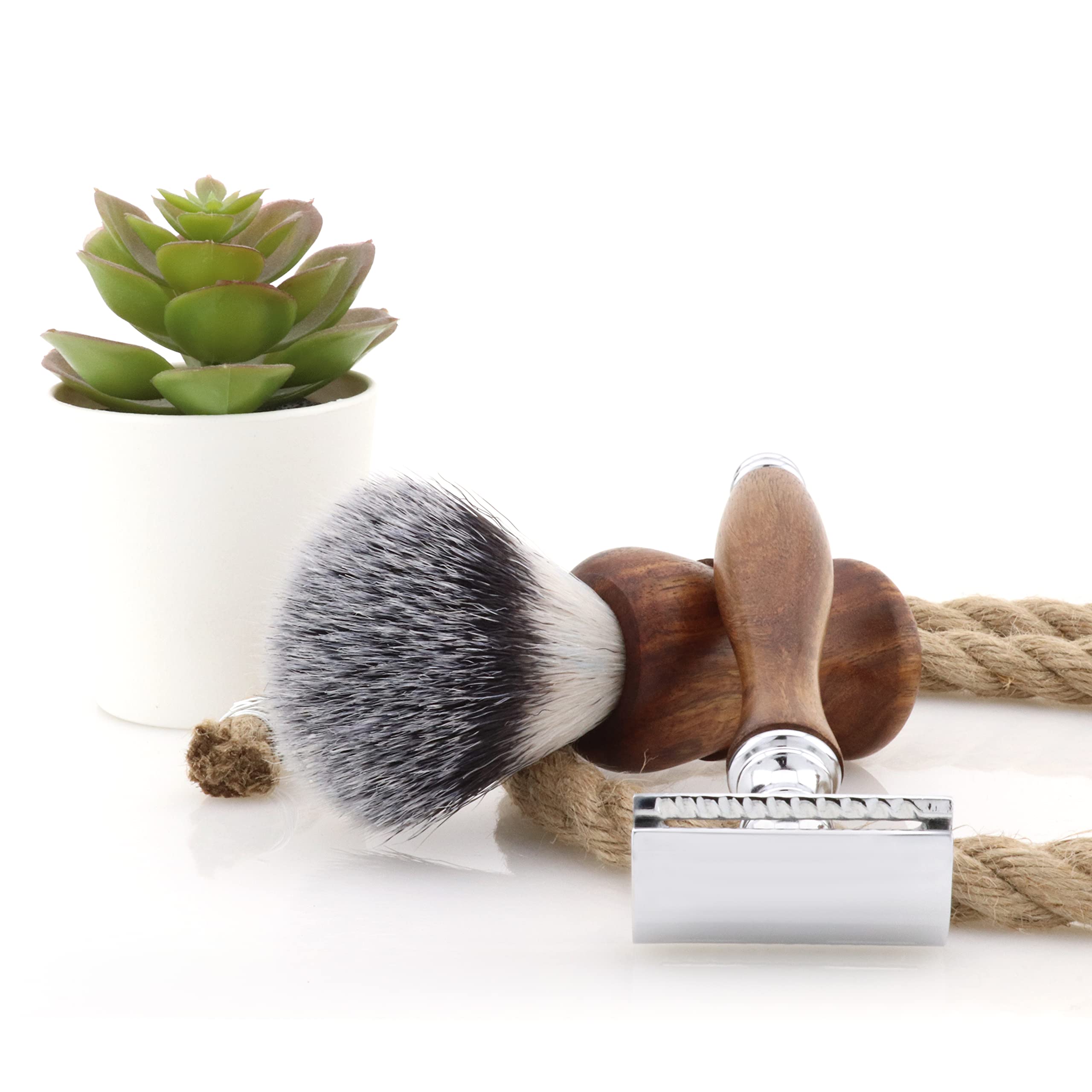 Jag Shaving - Set da barba sostenibile, 3 pezzi, in legno, pennello da barba con setole sintetiche, rasoio con lametta a doppio filo da donna e da uomo, piedistallo