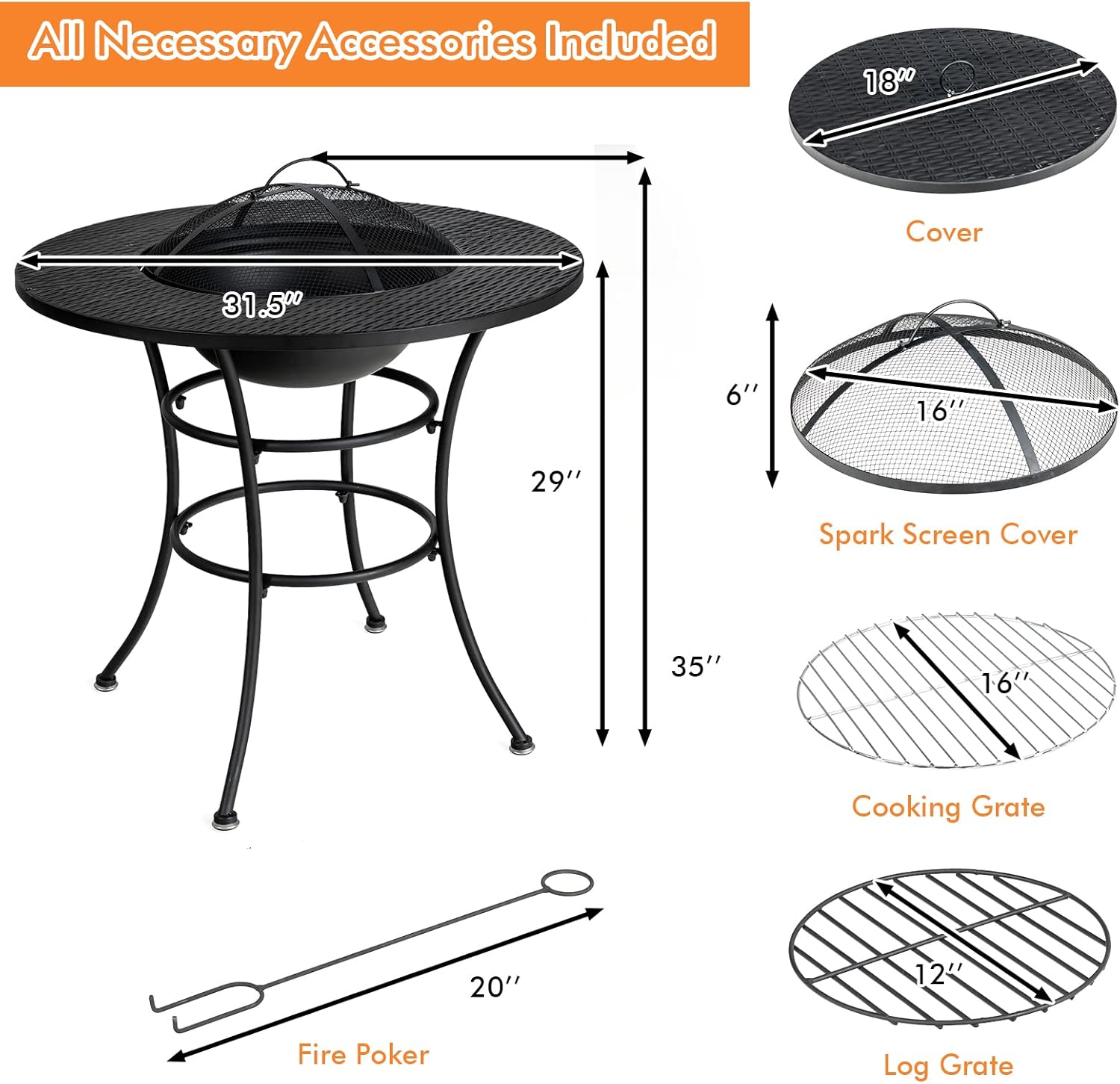 Giantex 4-In-1 Fire Pit Dining Table, 32" Fire Bowl for Outside, Wood Burning Fireplaces with Cover, Fire Poker, Grill Grate, Patio Dining Table for Camping, Picnic, Yard, Metal Round Outdoor Fire Pit