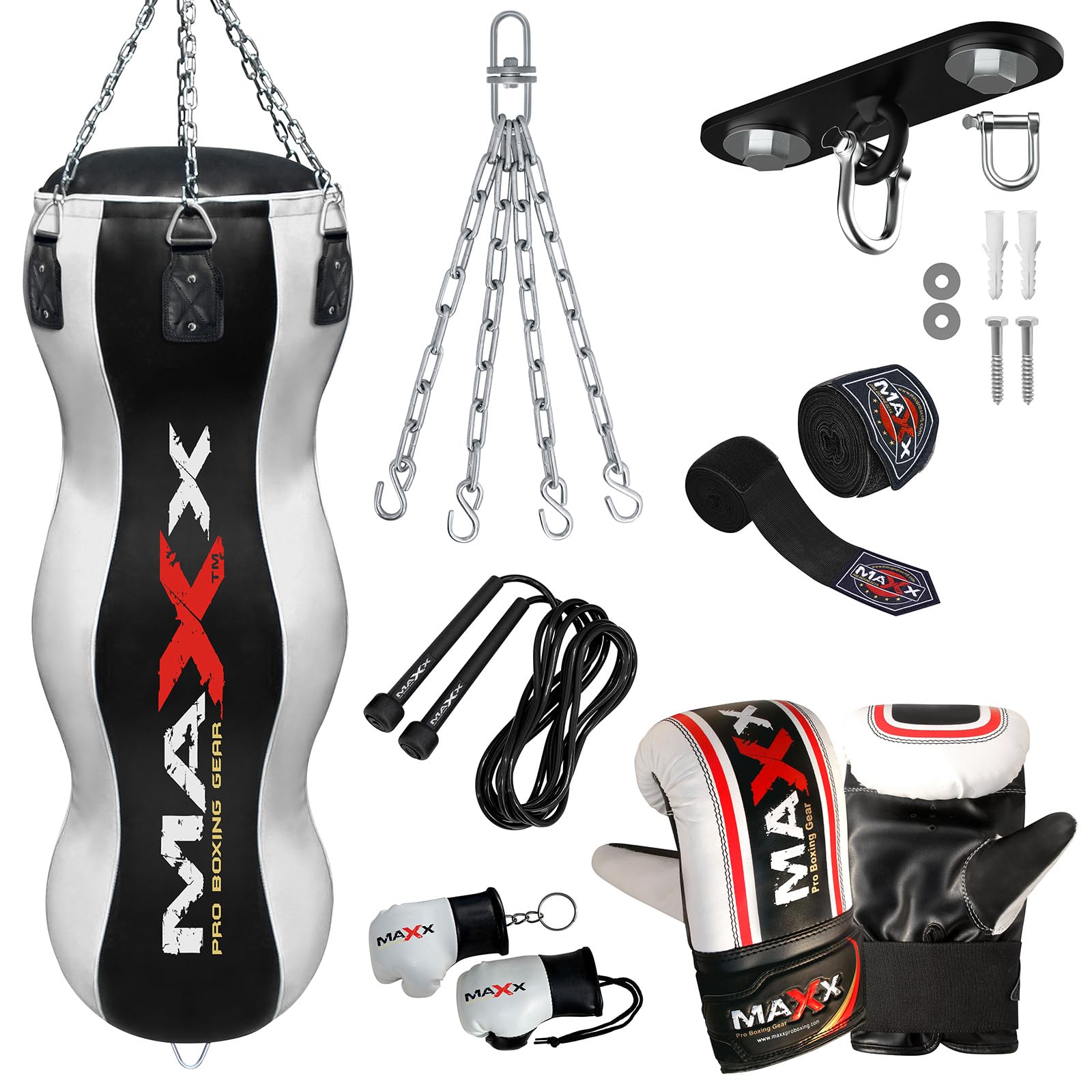 MAXX Triple Body Bags 4FT Punch Bag Set with Ceiling Hook & Wall Bracket – Durable, Heavy Duty Boxing Set for Home or Gym Training, Perfect for Fitness (BLACK WHITE, 10 PCS SET WITH HOOK)
