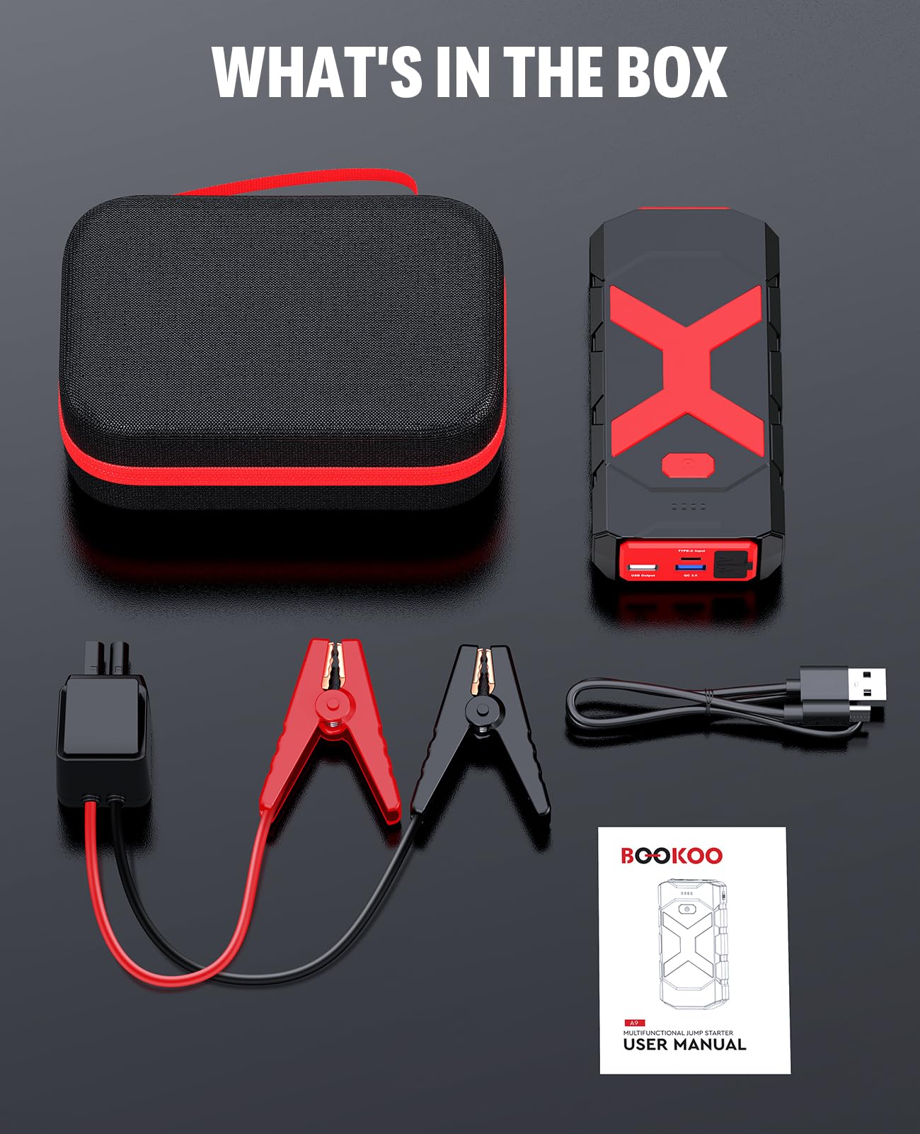 BOOKOO Arrancador A9 de 4000 A para coche, barco, cortacésped, motores diésel de 12 L de gas y 10 L, batería portátil de 12 V con cables de puente, puertos USB de carga rápida y USB C, 3 modos LED y