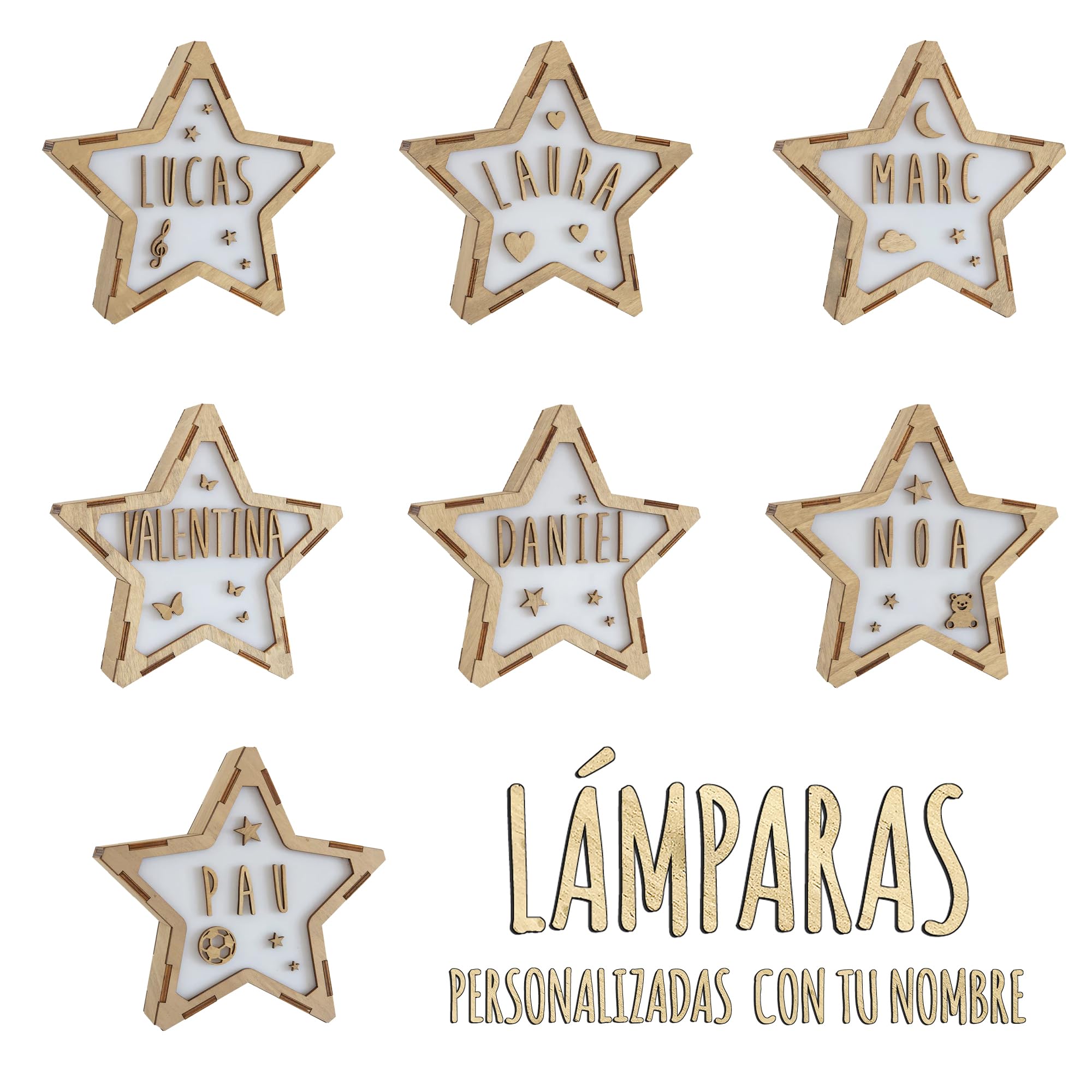 LolaPix Lámpara LED mesita de Noche. Luz Nocturna Infantil. Estrella de Madera Luminosa. Luces LED habitación. Regalo bebé. Baby Shower. Decoracion cumpleaños. Lámpara Personalizada con Nombre. Luna