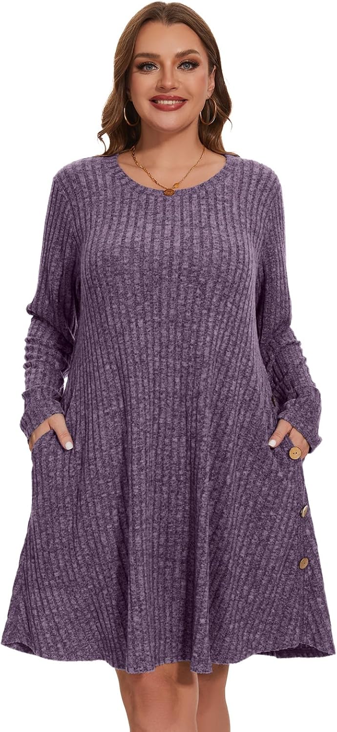 ZENNILO Women Plus Size Sweater Dress Long Sleeve Dress for Women Basic V Neck Fall Winter Tunic Dresses with Pockets - Image 2