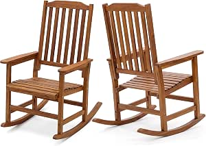 Devoko Outdoor Rocking Chairs Set of 2, Acacia Wood Porch Rocking Chairs with Widened Armrests