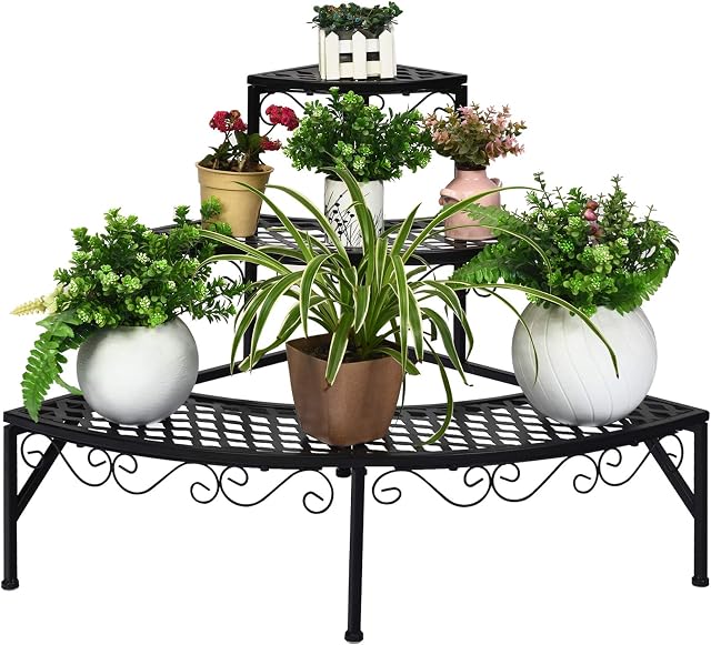 COSTWAY Scaffale Portafiori a 3 Ripiani, Porta Piante da Esterno e Interno a Scala, Scaffale Porta Vasi di Metallo per Balcone, Soggiorno e Giardino, 59 x 59 x 61 cm