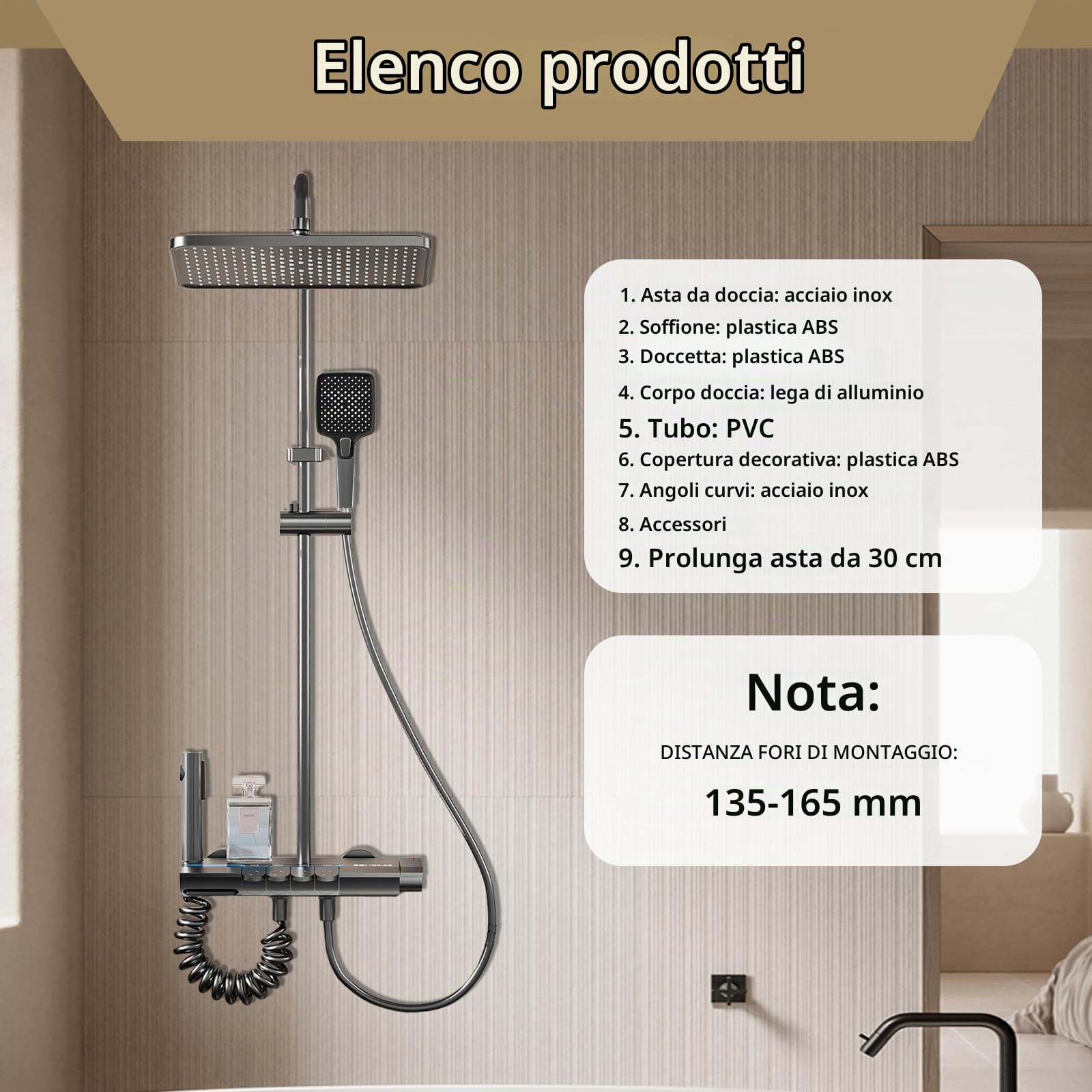 Colonna Doccia a LED con Display Digitale e Orario, Colonna Doccia con Miscelatore con 4 Tasti di Pianoforte, Altezza Regolabile da 77 a 115 cm, Doccetta a Pulsanti e Luci Multicolori