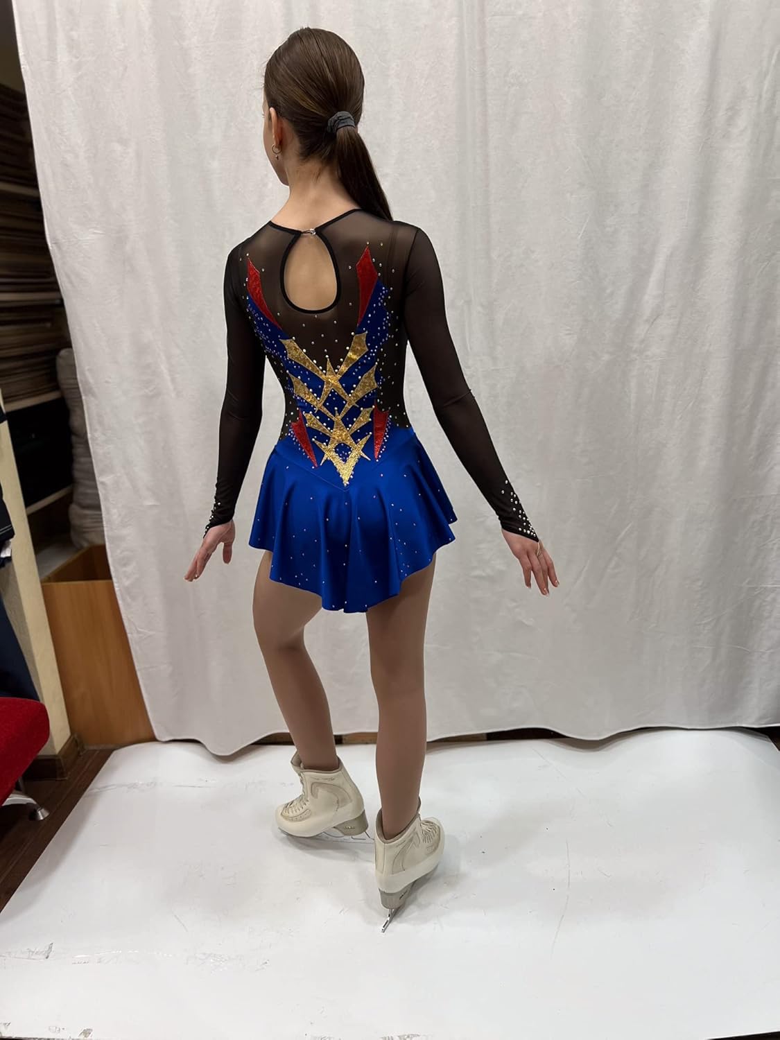 Figure Skating Dress/Bundle with Skate Guards/Italian Fabric, Made in Europe Style: A26 / Blue/Red/Size: Small