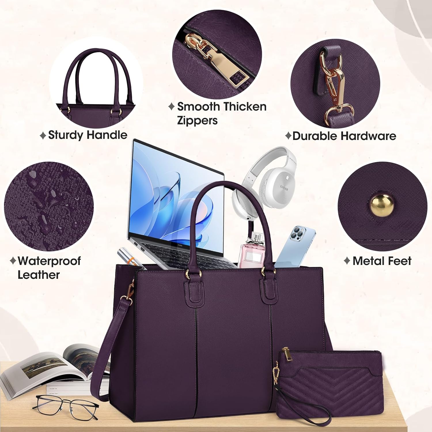 NEWHEY Laptop Bag for Women 15.6 Inch Work Tote Bags Leather Computer Bag with Clutch Purse Professional Office Briefcase Waterproof Handbag for Business Travel College, Deep Purple - Image 6