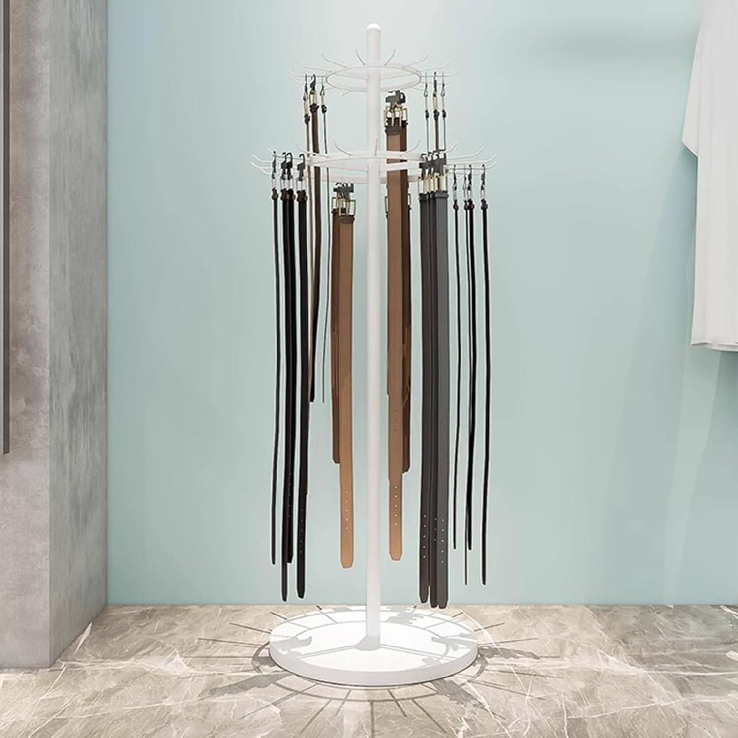 Floor Standing Belt Hanger, Men's Belt Display Stand Tie Racks Hanging Hook Commercial Shelves, Multifunctional Ties Scarf Rack Shawls Purse Rack Clothing,White