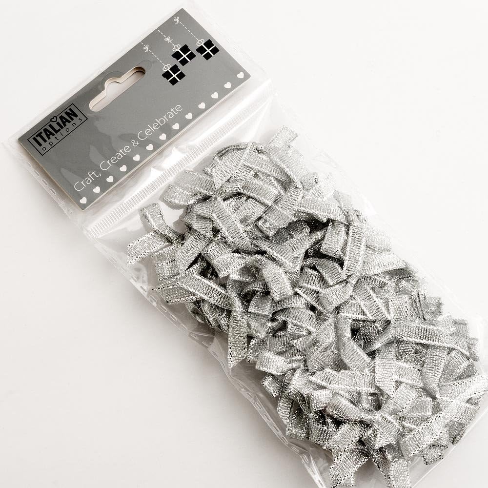Italian Options Lurex Ribbon Bows, Gift Bows for Present Wrapping, Gifts, Christmas Crafts, Wreaths, Crafting Accessories, Sewing, Craft Supplies, Metallic Silver, 100 Piece Pack, 3 cm