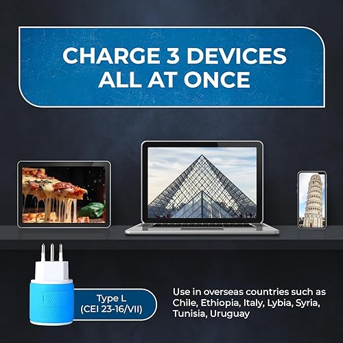 Miniatura 4 de OREI Adaptador de enchufe de viaje para Italia, Uruguay con USB dual - Tipo L (U2U-12A), funcionará con teléfonos celulares, cámara, laptop,