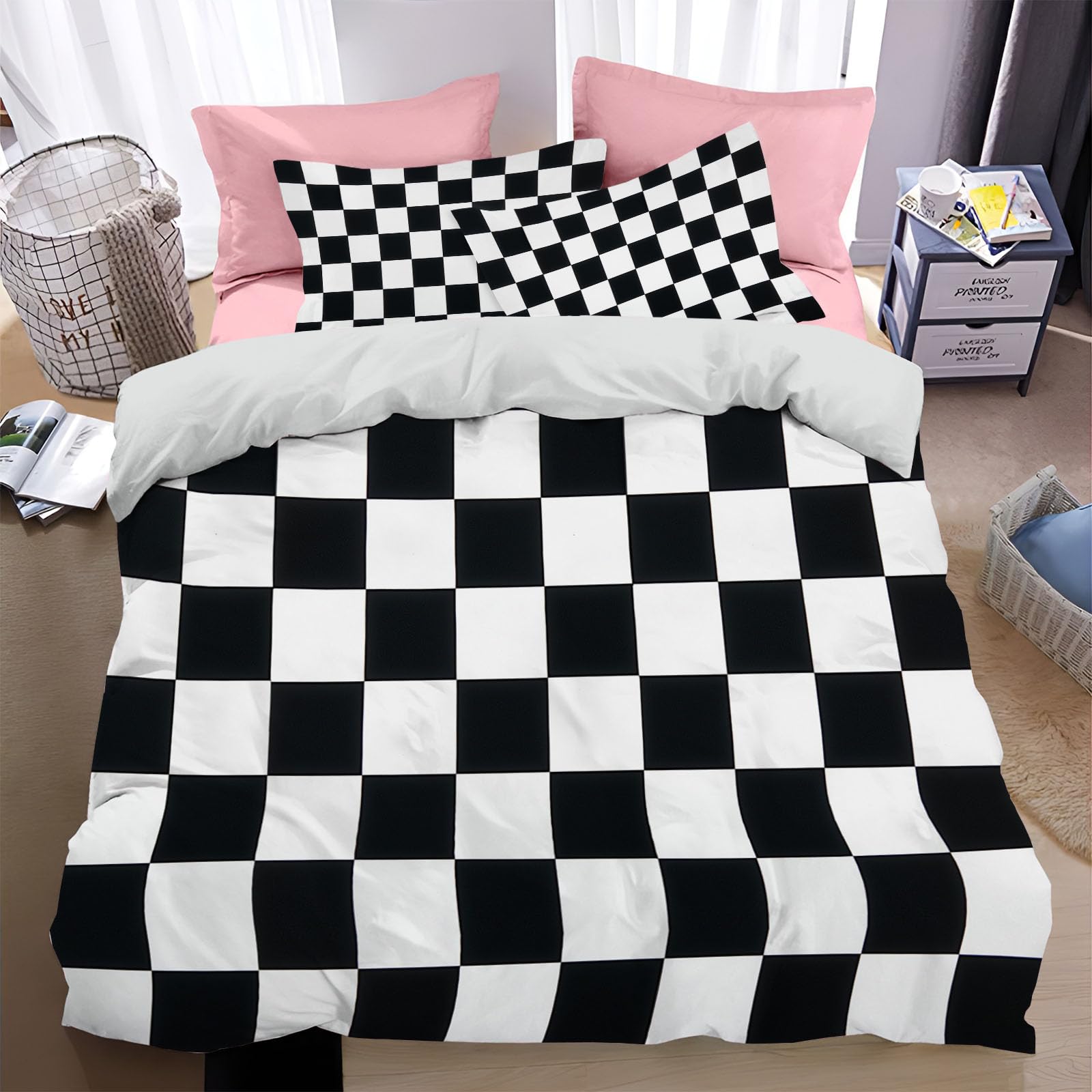 Housse de Couette 200x200cm à Carreaux Noirs et Blancs Parure Lit 2 Personnes Microfibre avec Taies