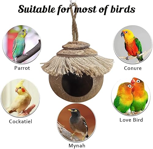 Vista 44 de Tfwadmx Casa colgante para pájaros con escalera, fibra de coco natural, nido de pájaros, conchas de coco, escondite, agapornís, columpio, juguetes
