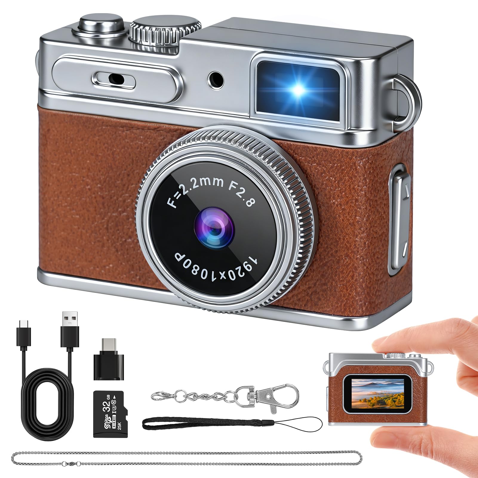 Mini cámara con llavero – Mini cámara digital retro HD de 1080p, compacta retro con tarjeta SD de 32 GB, pantalla HD de 0.96 pulgadas, grabadora de video portátil de bolsillo para grabación de fotos