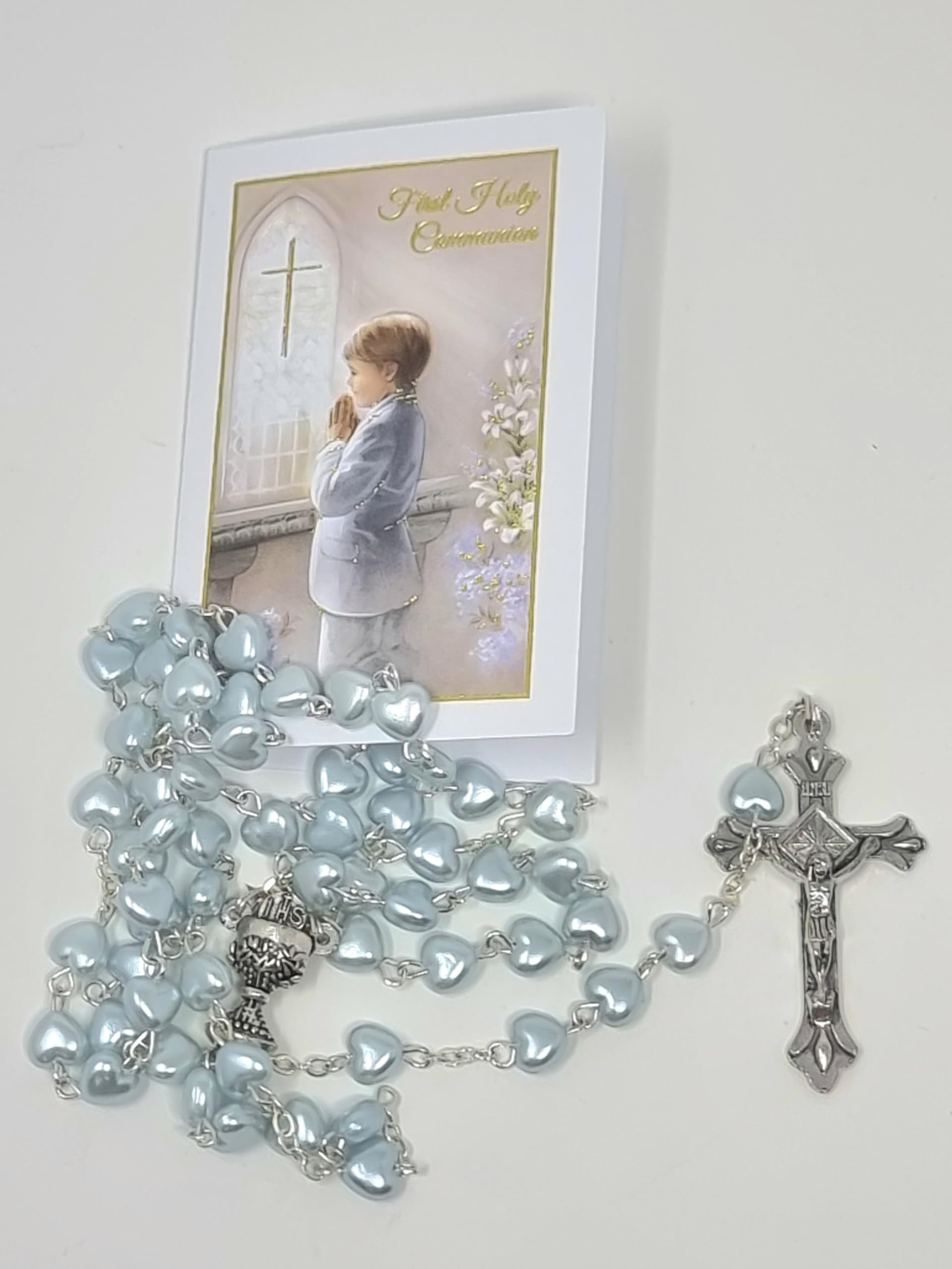 First Holy Communion Boys Pearl Blue Heart Rosary in a Plastic Case with a How to Pray The Rosary and Mysteries Recital Details /Prayer Gift Set for him