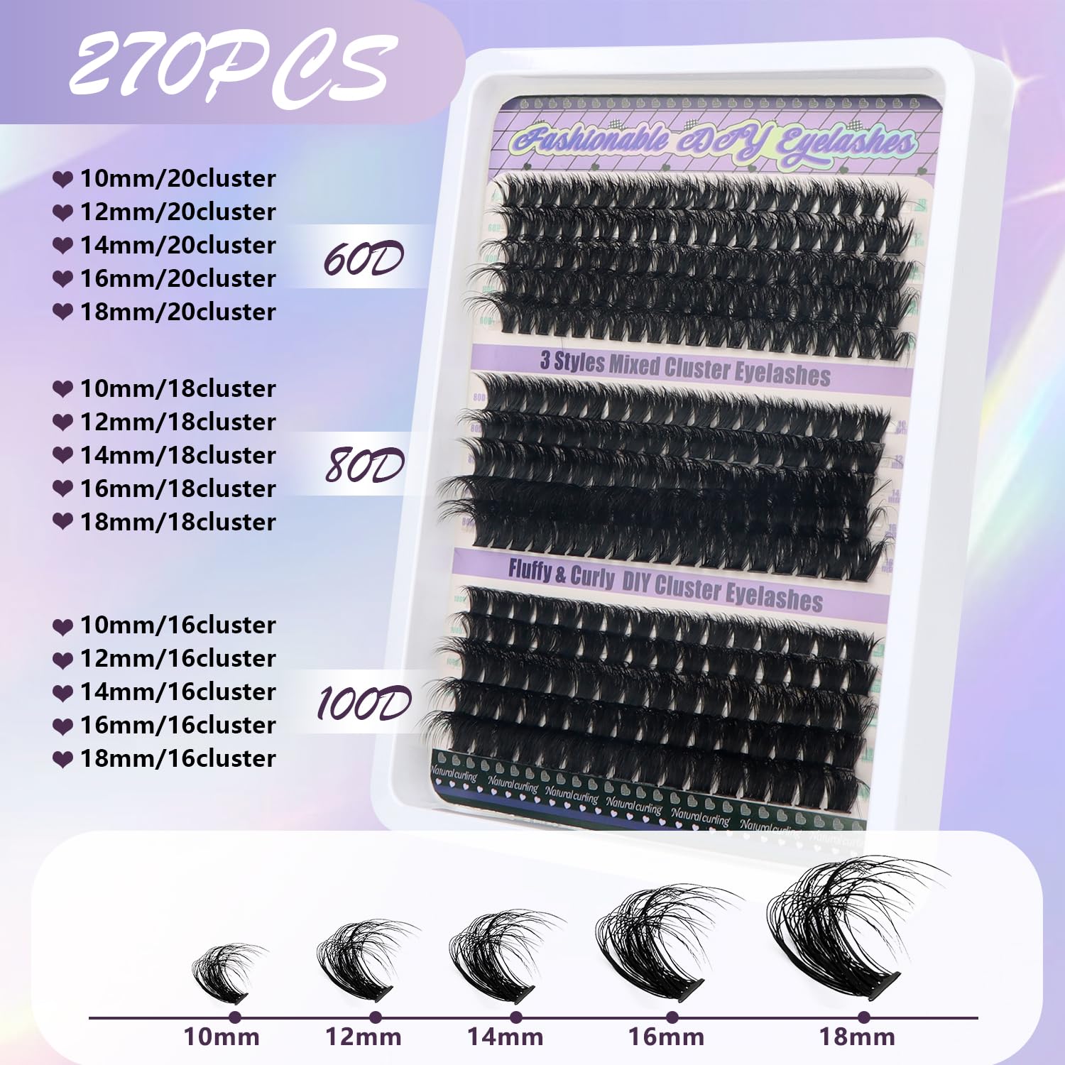 OWill 270 Pezzi Ciglia Finte Ciuffetti Extension Ciglia D Curl 10-18mm 60+80+100D Ciglia Finte Naturali Kit Extension Ciglia Fai da Te per Principianti