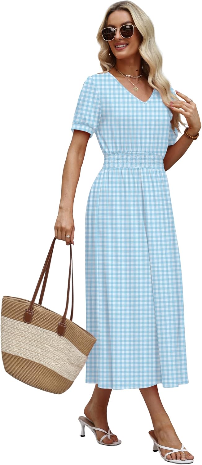 OFEEFAN Maxi Dresses for Women V Neck Ladies Midi Long Dress A Line Smocked Waisted Casual Summer Spring Clothes Boho Beach thumbnail