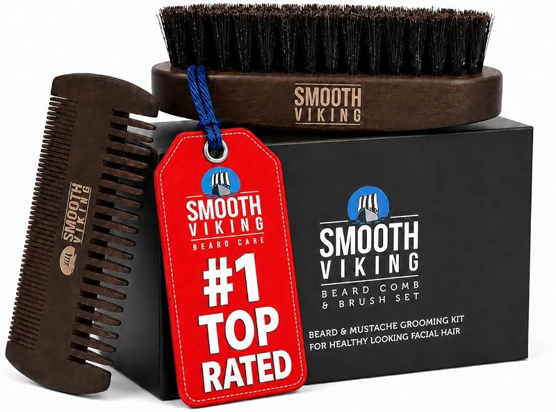 Smooth Viking - Cepillo para Barba para Hombre Kit para Barba para Hombre, Cerdas de Jabalí Naturales | Cepillo para Barba y Peine de Madera, Set de Regalo de Herramientas para el Cuidado y Modelado del Vello Facial para Hombres Productos para el Cabello Cepillo de Peluquero - Marrón