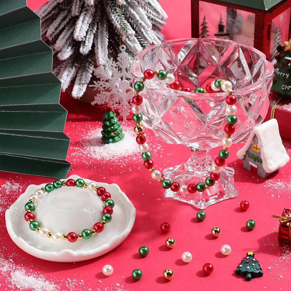 600pcs 4 Colors 8mm Imitation Pearl Beads Christmas Theme Acrylic Plastics Red Green Gold Dyed Faux Artificial Pearls Bulk for Jewelry Making DIY Holiday Necklaces Earrings - Image 4