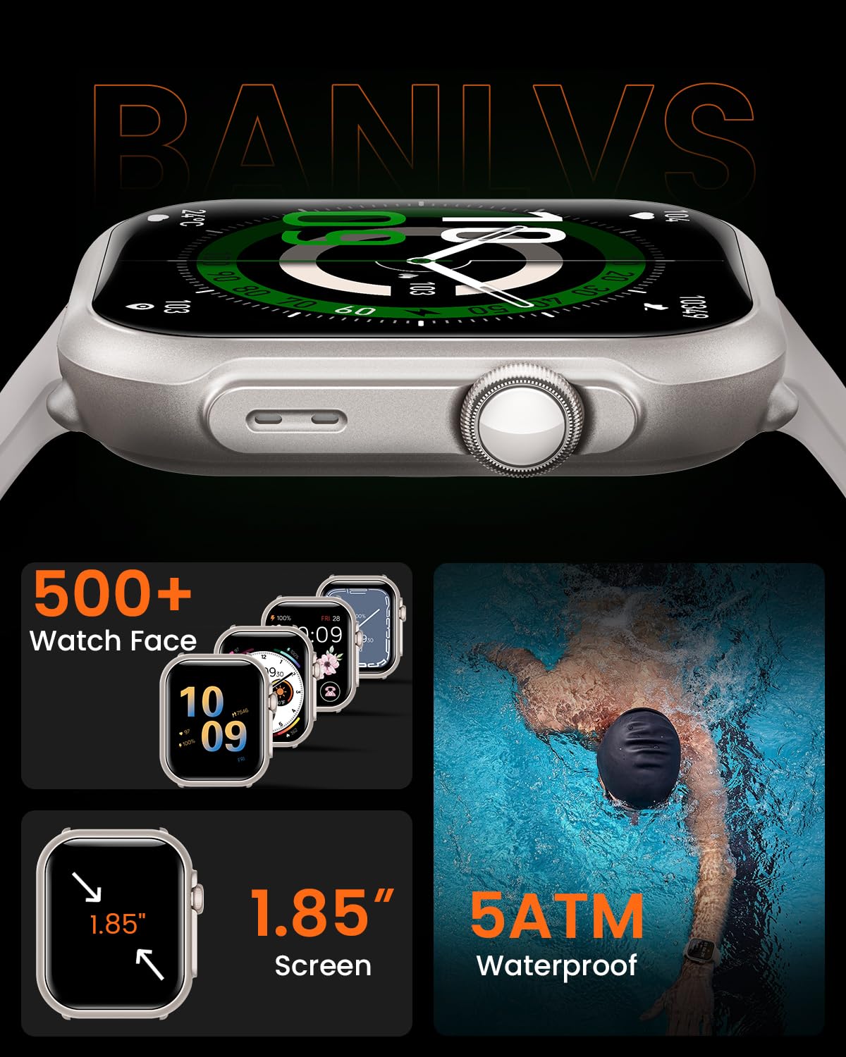 Smartwatch Uomo con Batteria da 1000mAh, 1,85'' AMOLED Smartwatch con 120+ Modalità Sportive/5ATM Impermeabile/Cardiofrequenzimetro/SpO2/Pulsometro/Sonno, Orologio Uomo per Android iOS, Grigio