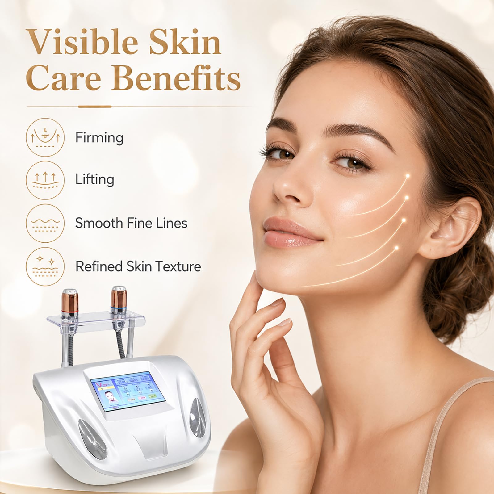 Macchina per la Bellezza del Viso Portatile, Dispositivo Lifting Facciale Multifunzione con 2 Manici, Touch Screen, Regolazione Intensità Multilivello per Rassodamento Pelle e Antirughe