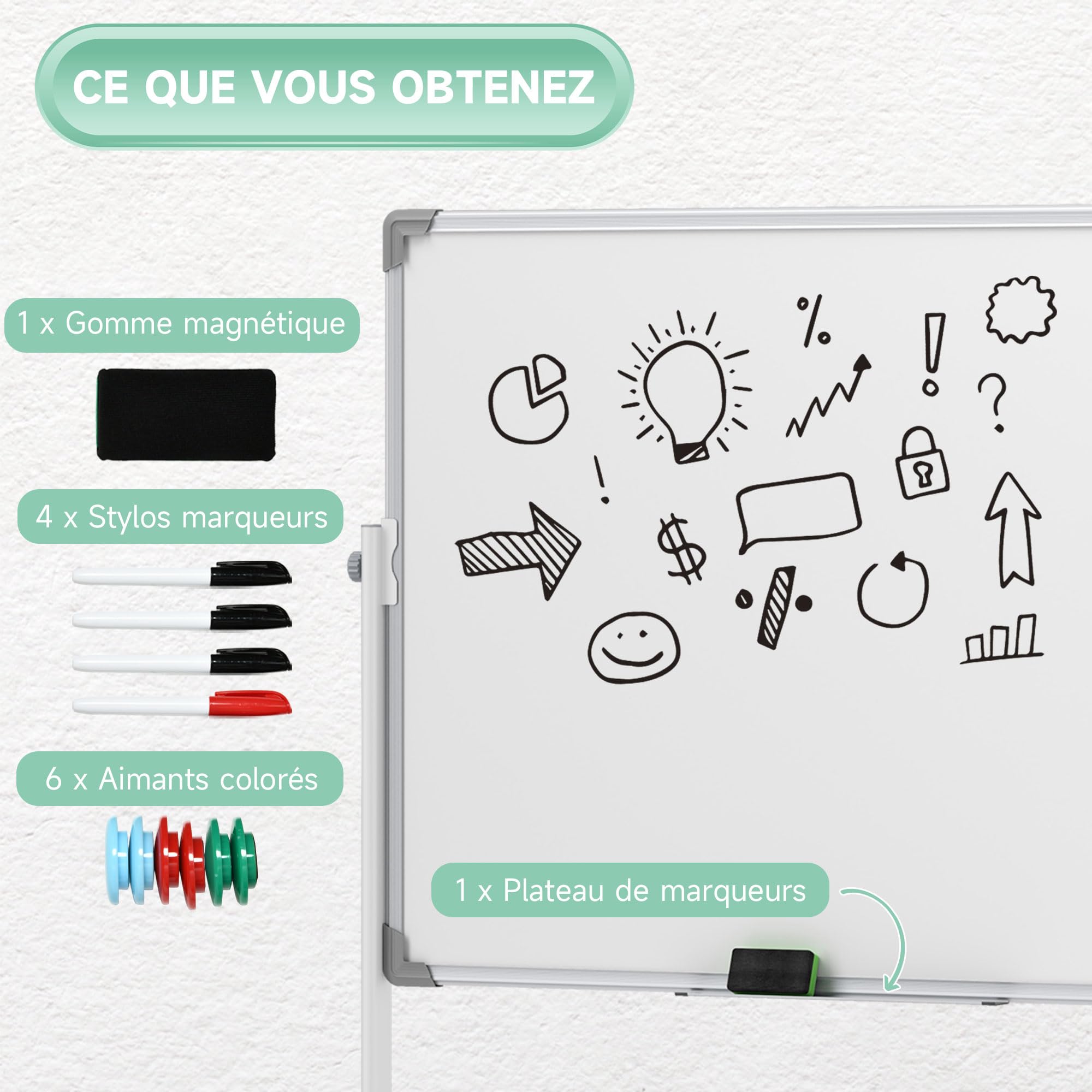 HOMCOM Tableau blanc magnétique double face, tableau blanc effacable rotatif mobile avec support, aimants, marqueurs, gomme et roulettes pour bureau à domicile, salle de classe, blanc
