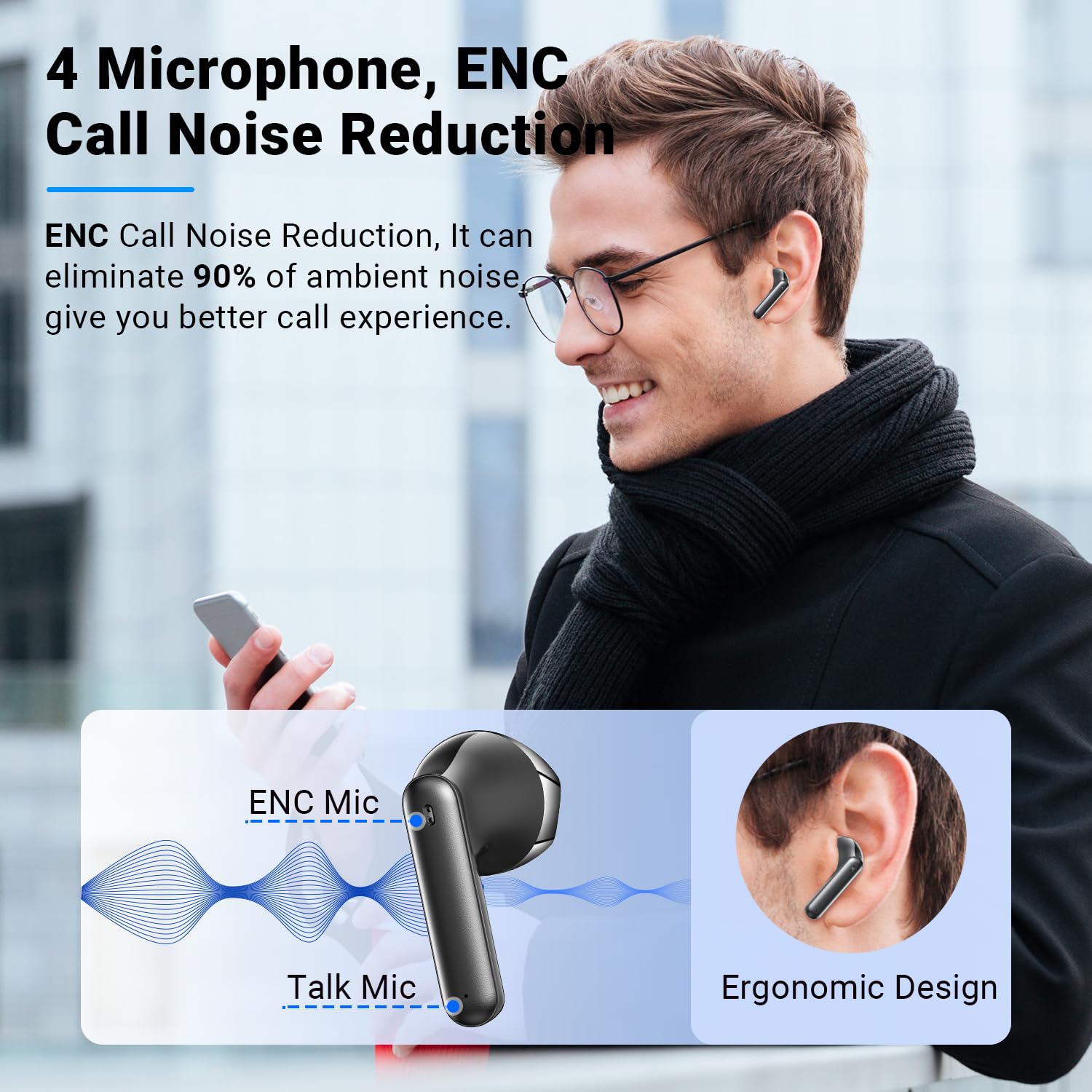 Ecouteurs Bluetooth sans Fil, Godyse Écouteurs sans Fil 5.4 avec 4 ENC Réduction Antibruit Mic Écran LED 42H Durée HiFi Stéréo IPX6 Étanche Casque Contrôle Tactile pour iOS Android Noir, Sport/Travail