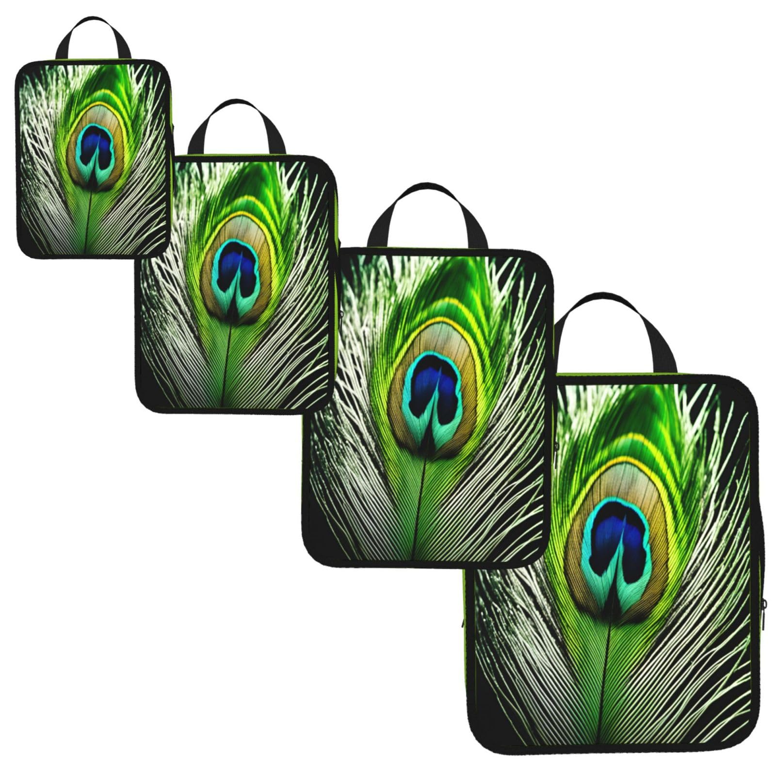 Green Peacock Feather Print 4 Set Compression Packing Cubes for Suitcases,Expandable Storage Bags Organizers