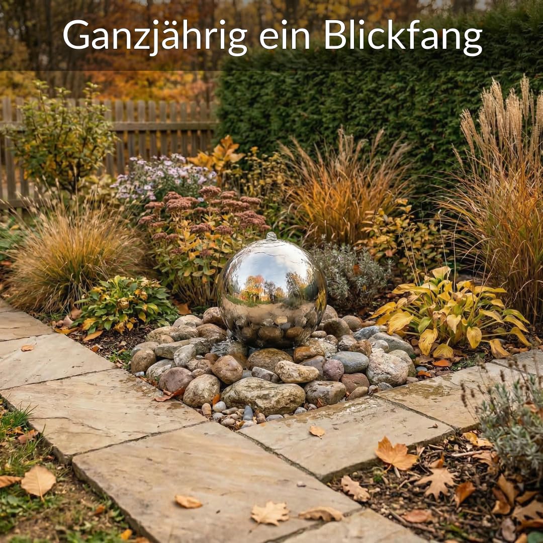 Kugelbrunnen aus Edelstahl D: 30 cm – Edelstahlkugel glänzend für Gartenbrunnen, Wasserspiel Garten, 30 mm Lochbohrung, 1/2 Zoll Schlauchanschluss, Edelstahlbrunnen für DIY Brunnenanlagen