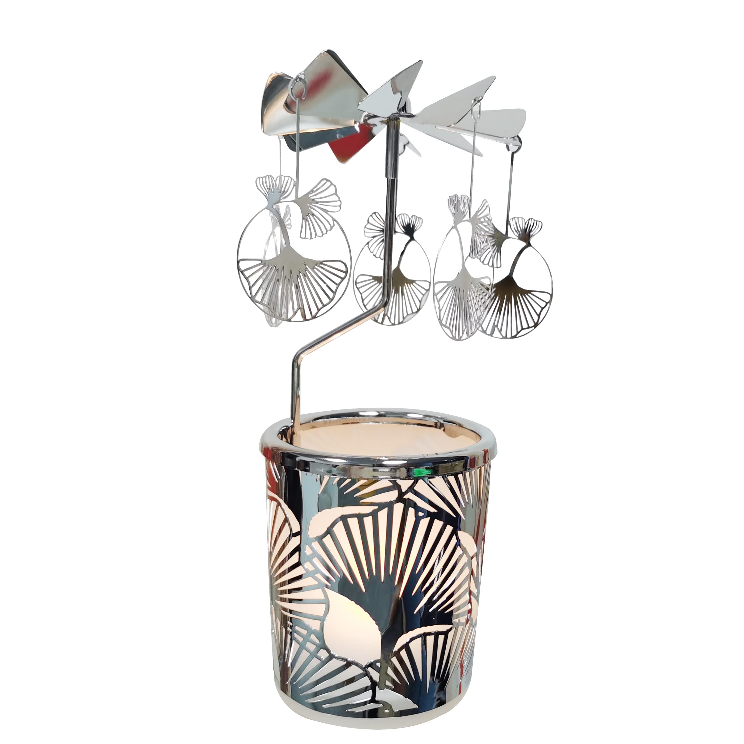 Kingnero Carousel Candle Rotating Rotary Candle Holder Spinning Tea Light Candlestick for Christmas (Silver Apricot leaf)