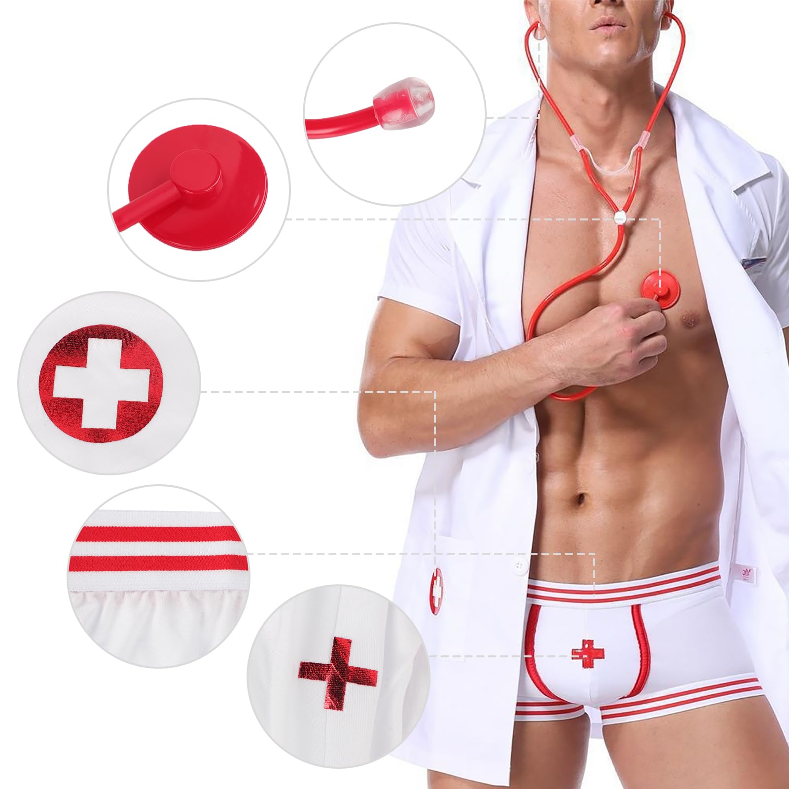 TINAYAUE Cosplay Infirmier Homme Sexy Blouse de Médecin Uniforme avec Veste, Short, Stéthoscope Costume de carnaval Jeu de Rôle pour Halloween