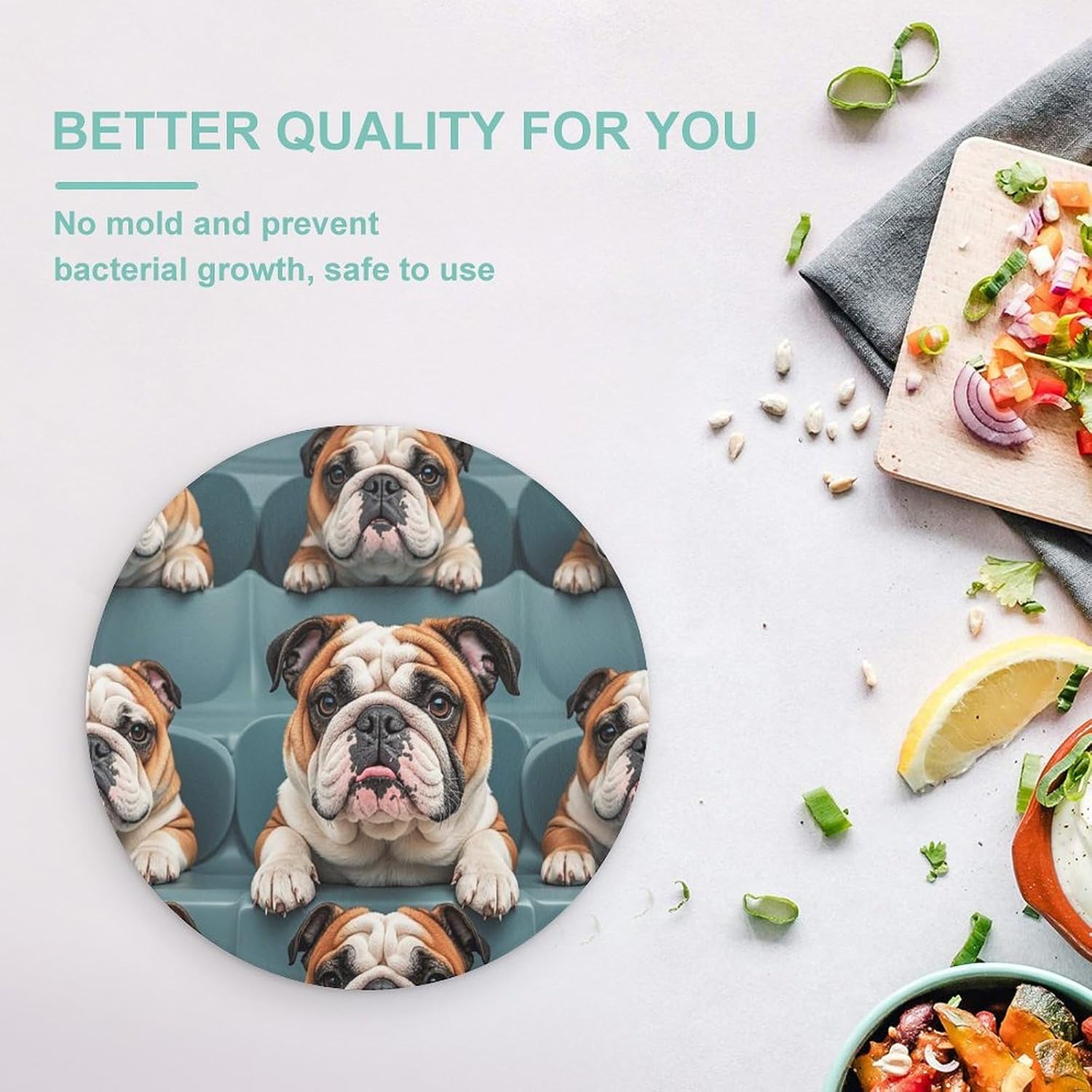Funny English Bulldog Cutting Board Portable Small Chopping Boards Tempered Glass Kitchen Counter Protector Non-Slip Round Charcuterie Boards Mat for Bar Cheese Board