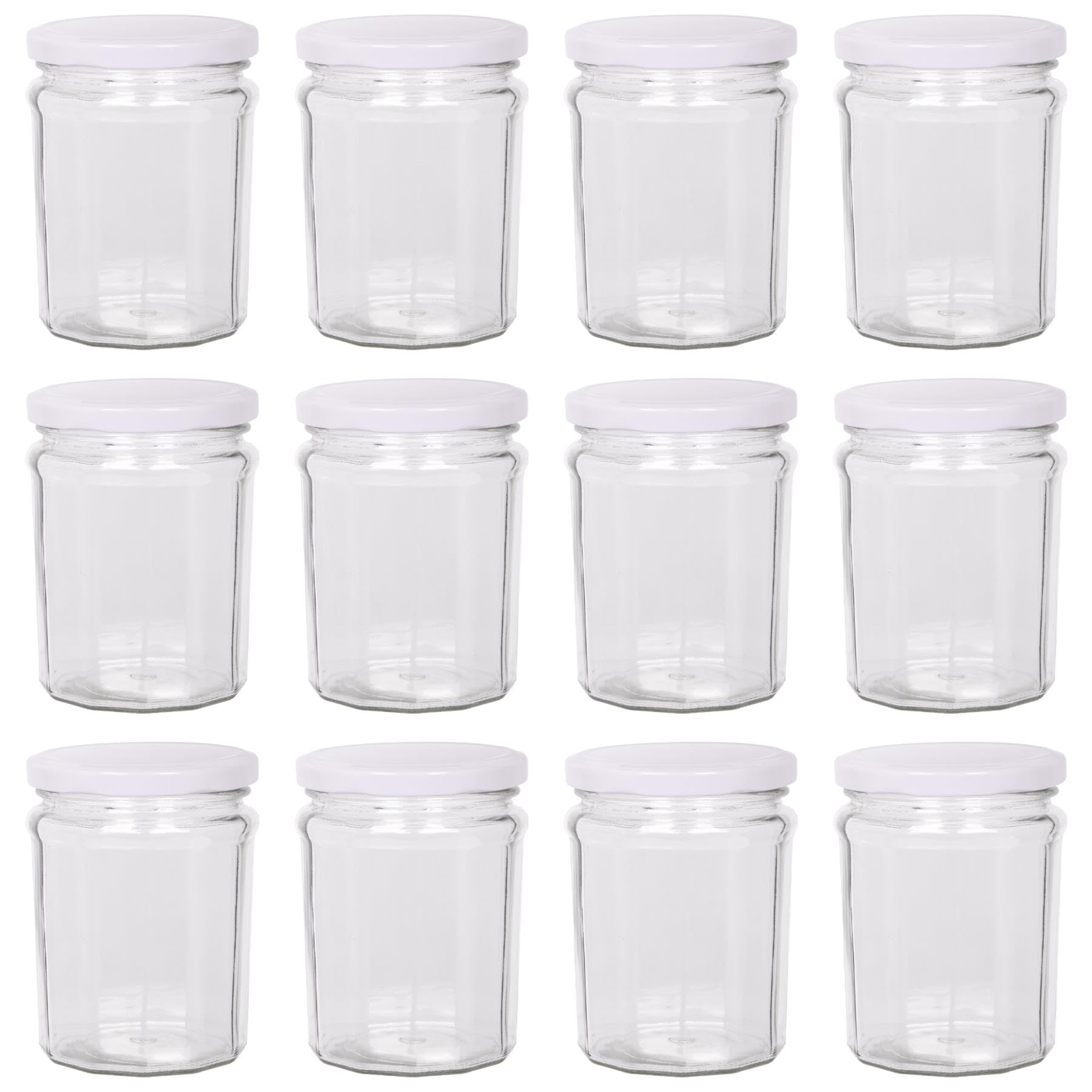 Argon Tableware White Lid Glass Jam Jars With Airtight S - 380Ml - Pack Of 12 - Empty Screw Top Kitchen Storage Jar For Food, Honey, Spice, Pickling, Preserving, Candle Making