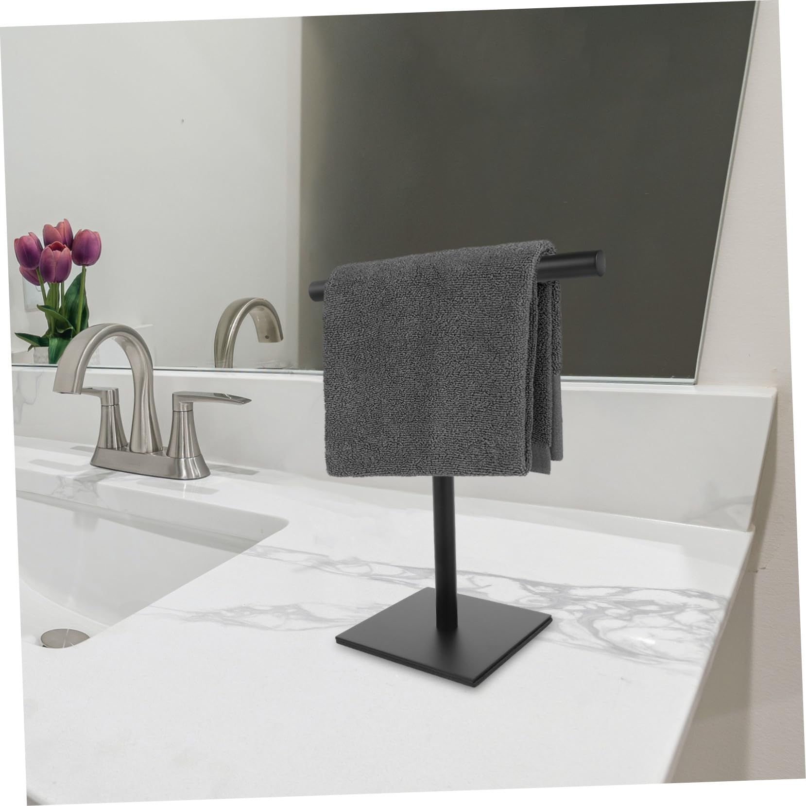 TOYANDONA Toallero de Mano de Acero Inoxidable Negro, Soporte Vertical Compacto para Toallas, Base Estable Antideslizante, Organizador para Baño y Cocina,